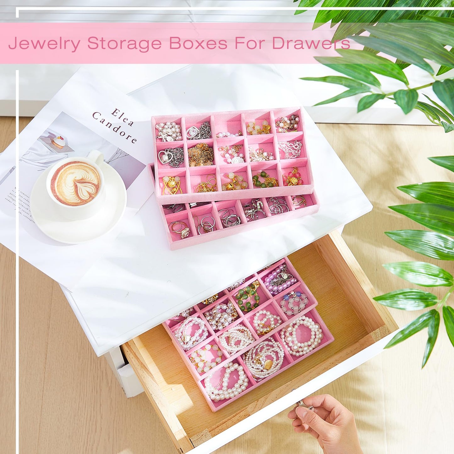 Junkin 12 Pcs Jewelry Tray Velvet Stackable Jewelry Organizer Trays Divided Earring Accessories Storage Containers Box(Pink)