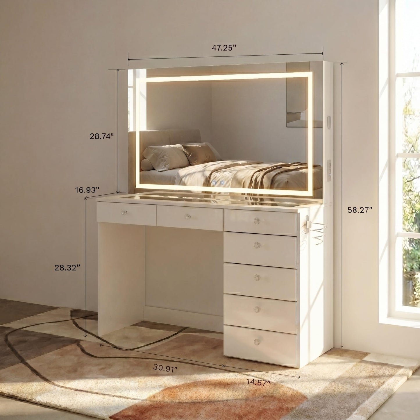 Boahaus Cleo Vanity Desk with LED Lighted Mirror – 7 Drawer Makeup Station with Integrated Power