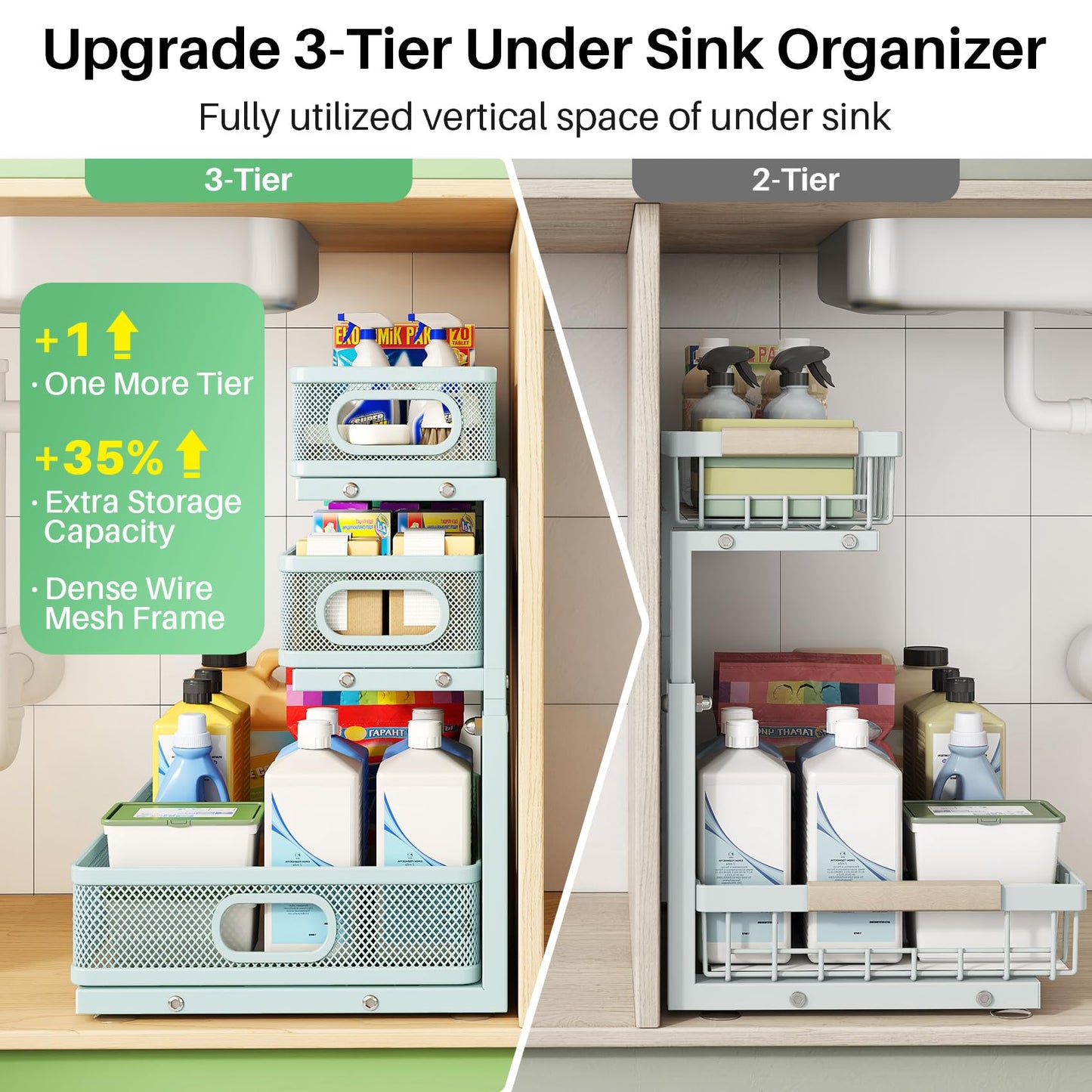 Under Sink Organizer, 2-Pack 3-Tier Height Adjustable Thickened Metal Pull out Cabinet Organizer Shelf, Slide out Storage Drawer Rack for Bathroom Kitchen Pantry Home Organization, LightBlue