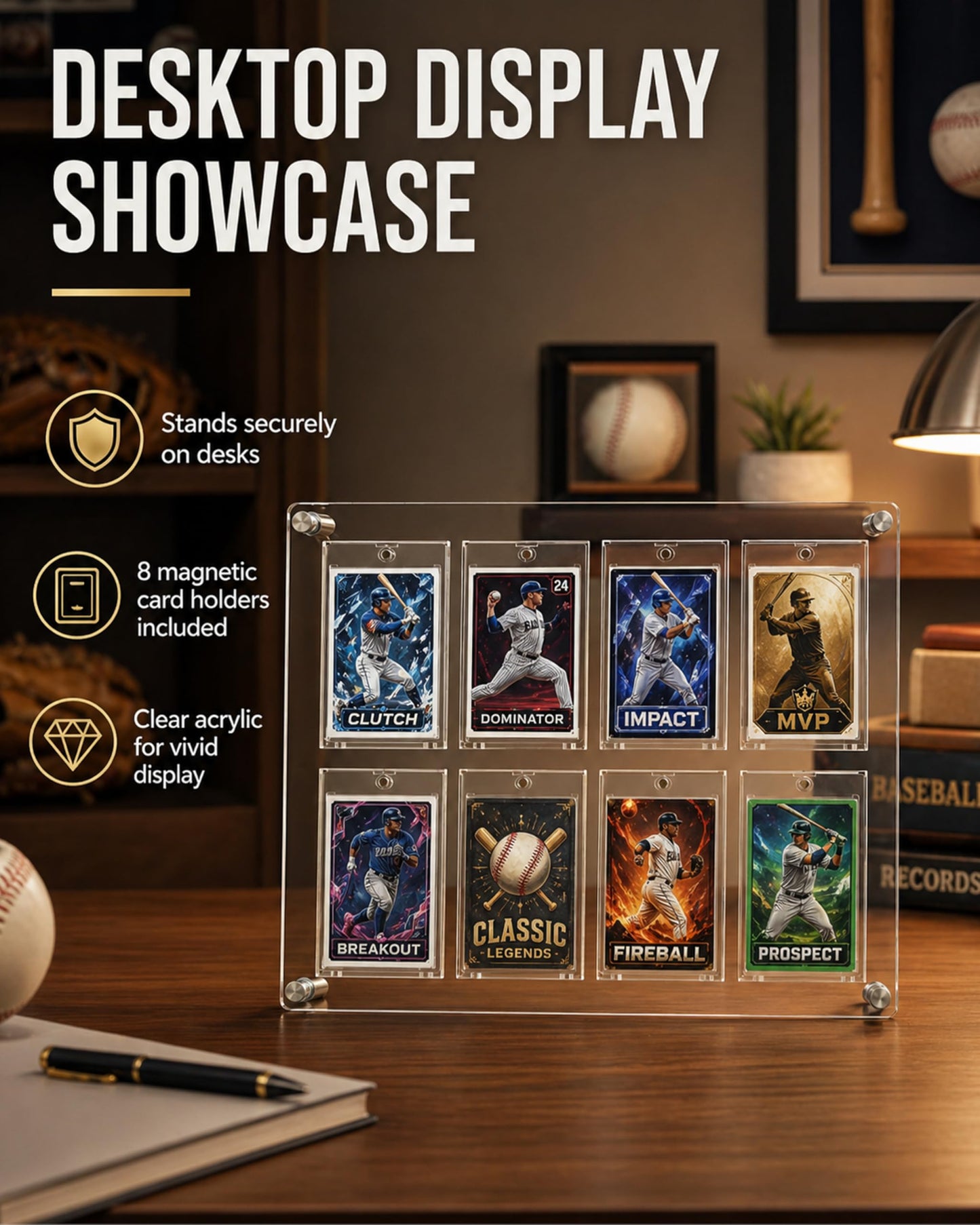 Acrylic 8 Card Display Frame with 8 Magnetic UV Protection Card Cases, Wall Mounted & Desktop Trading Card Display Stand for Sports Cards, Baseball Cards, Football Cards, Basketball Cards, TCG Cards