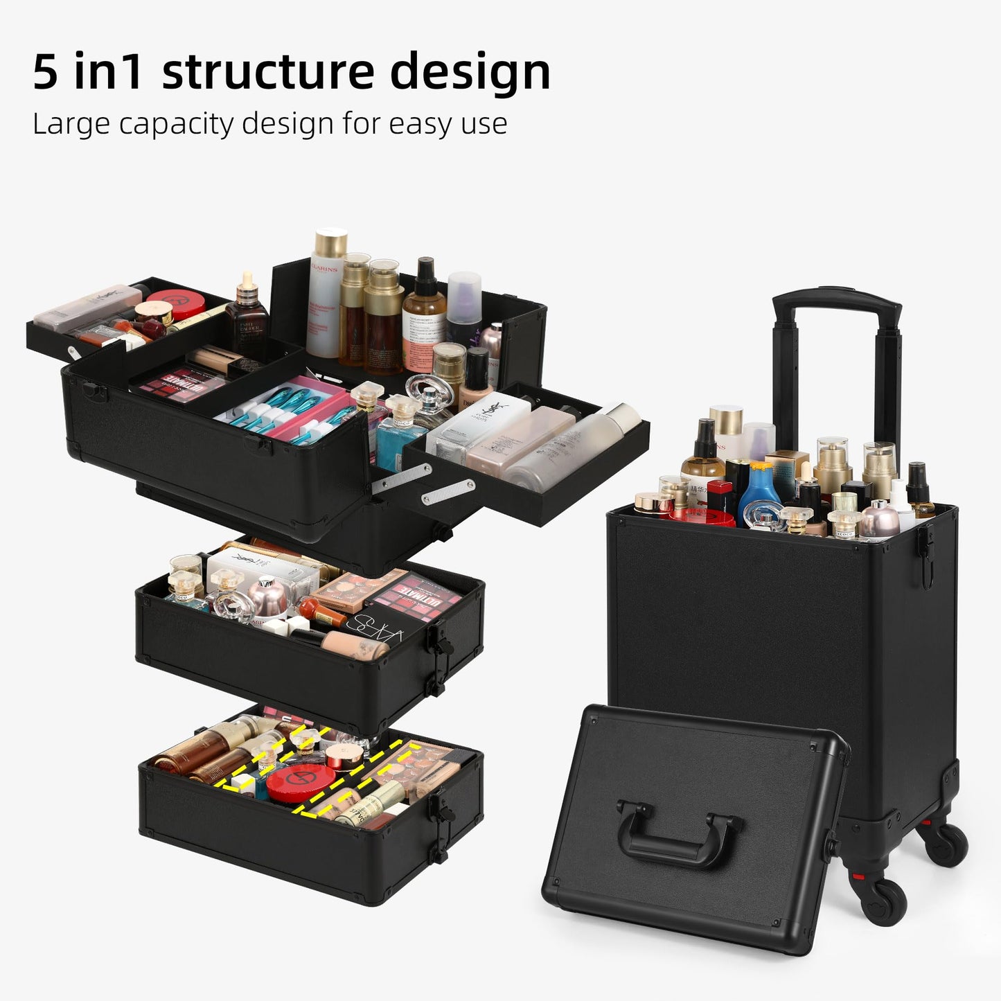 Somduy Rolling Makeup Case, Makeup Train Case with Lid, 5 in 1 Cosmetology Case on Wheels, Christmas Gift, Large Makeup Organizers, Profesional Cosmetic Case for Salon Barber, Black