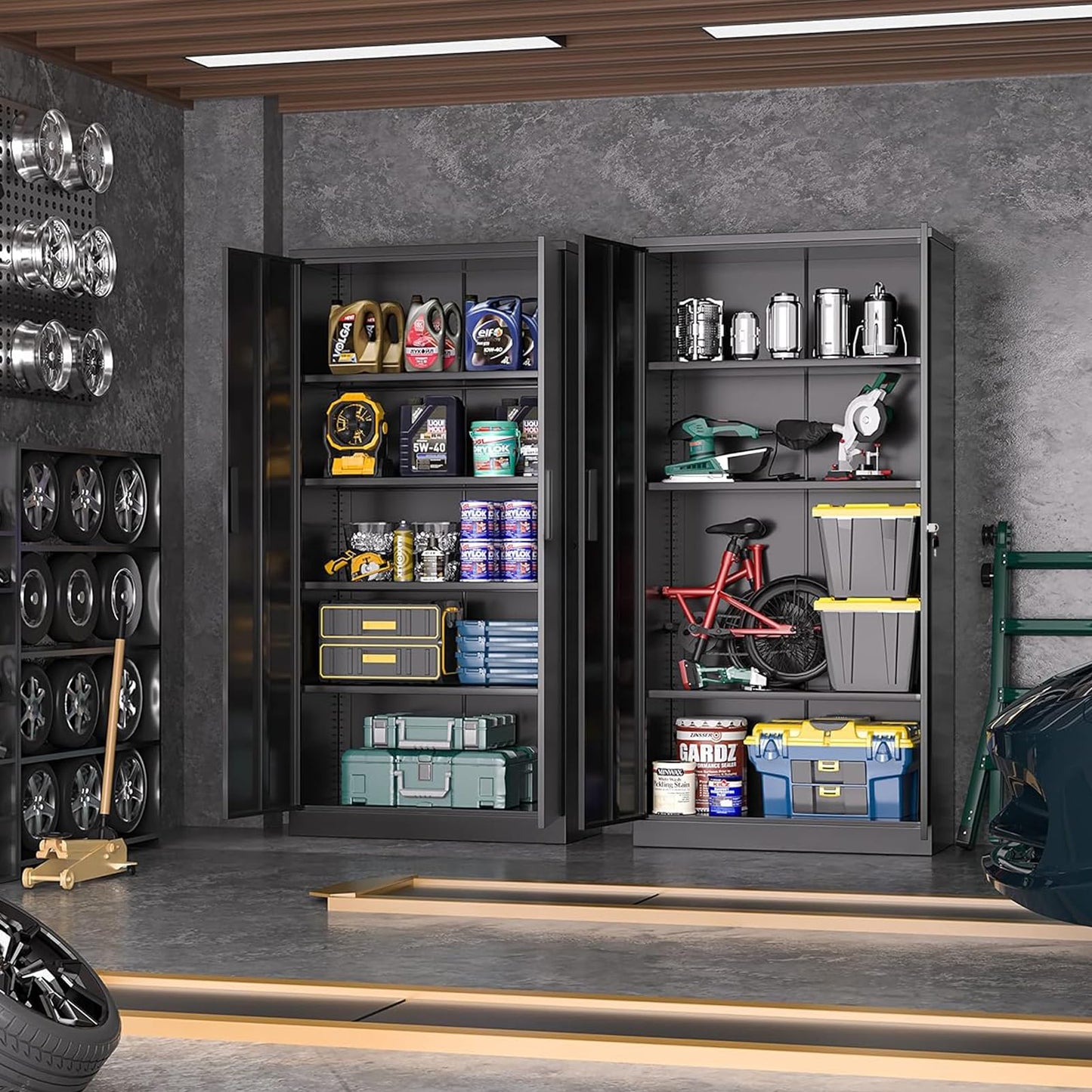 Greenvelly Metal Garage Storage Cabinet, 72” Locking Black Tool Steel Cabinet with Doors and 4 Shelves, Tall Metal Cabinets with Garage Storage Systems for Home Office, Kitchen/Pantry