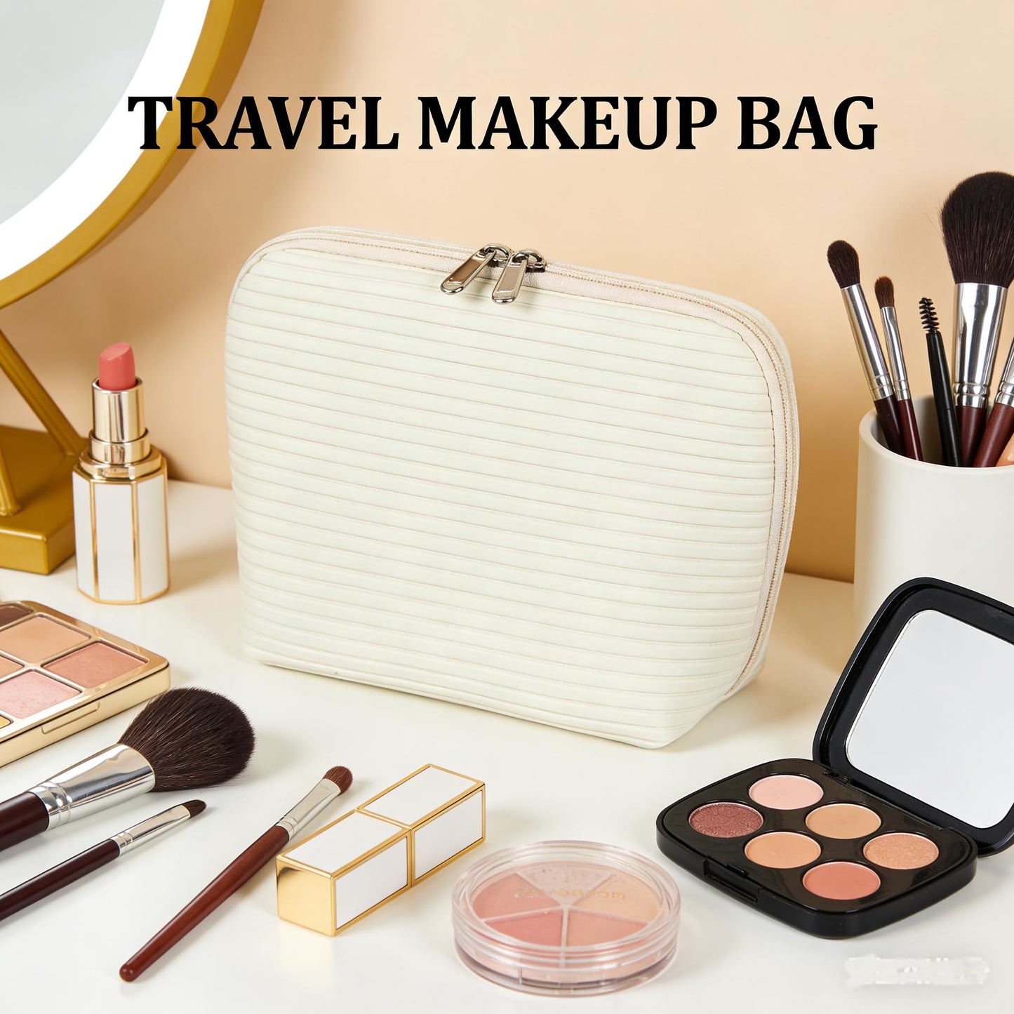 Tense Edano Travel Makeup Bag for Women, Waterproof Stand Up Cosmetic Bag with Brush Holders, Organizer Bag with Compartments, Fold-Down Design for Skincare, Toiletries & Essentials(White, Medium)