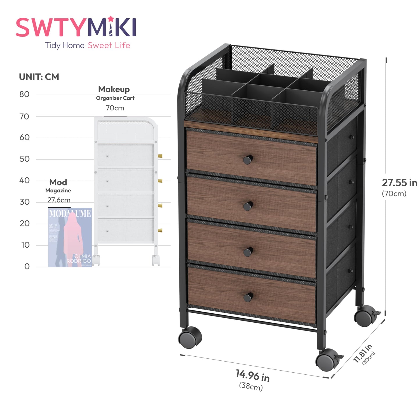 SWTYMIKI Rolling Makeup Organizer Cart - 14.96″*11.81″*27.55″ Widened Under Desk Vanity Storage with 4 Non-woven Drawers, Cosmetic Display Cases for Skin Care Perfume Nail Polish Brush Hair Tool Black