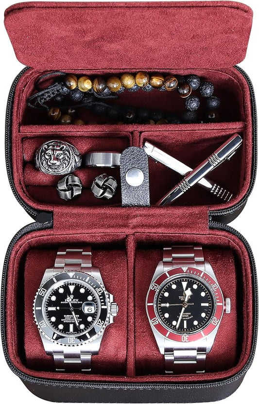 ROTHWELL 2 Watch Travel Case Storage Organizer for 2 Watches | Tough Portable Protection w/Zipper Fits All Wristwatches & Smart Watches Up to 50mm (Black/Red)