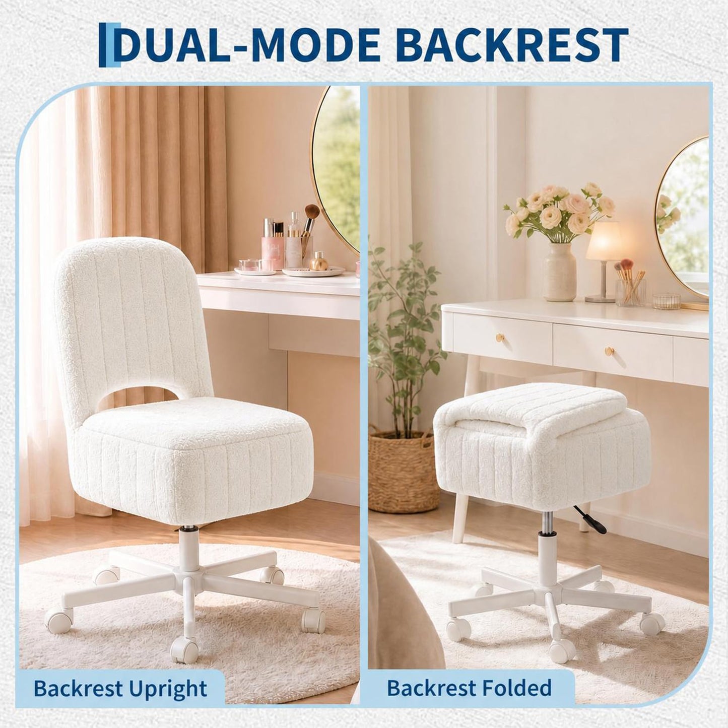 Garvee Small Vanity Stool Chair with Storage and Folding Back, Height Adjustable Lift Ottoman with 360° Swivel and Quiet Wheels, Soft Teddy Fleece Seat Stool for Makeup Bedroom Office, White