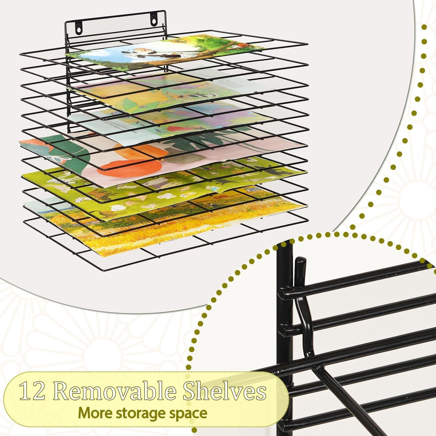 Lzttyee Art Drying Rack for Classroom Paint Drying Rack Small Art Drying Rack Wall Art Storage Rack with 12 Removable Shelves for Classrooms and Art Studios (Black, 12 Shelves)