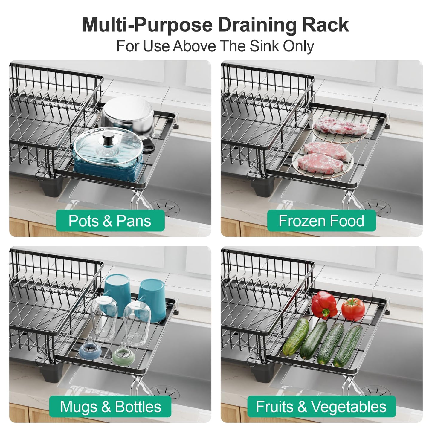 GSlife Expandable Dish Drying Rack for Kitchen Counter, Large Capacity 2-in-1 Rust Resistant Dish Drainer with Swivel Spout and Pull Out Over Sink Extension, 16.7" W x 12.6"-22.4" L, Black