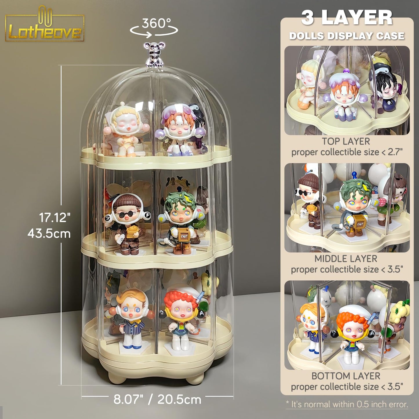 Lotheove Rotating Clear Acrylic Display Case for Pop Mart, Funko Pop Figure Toys Storage Box Transparent Blind Box Organizer Stand Dustproof Protection Showcase（3 levels）