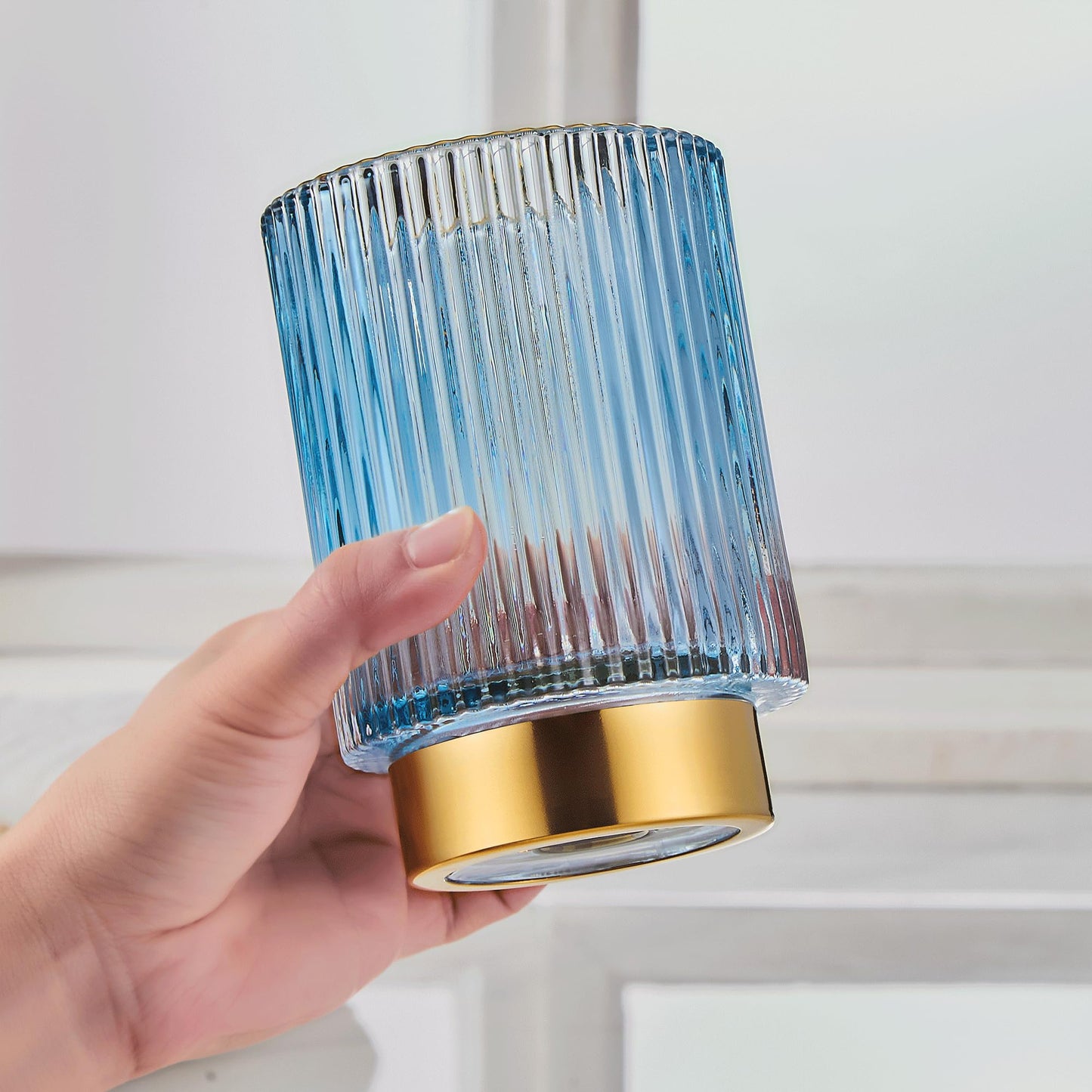 LEICURACE Makeup Brush Holder Organizer,Toothbrush Holders,Desk Pen Pencil Holder,Multifunctional Vintage Glass Brush Cup（L/Blue/A3-8-US）