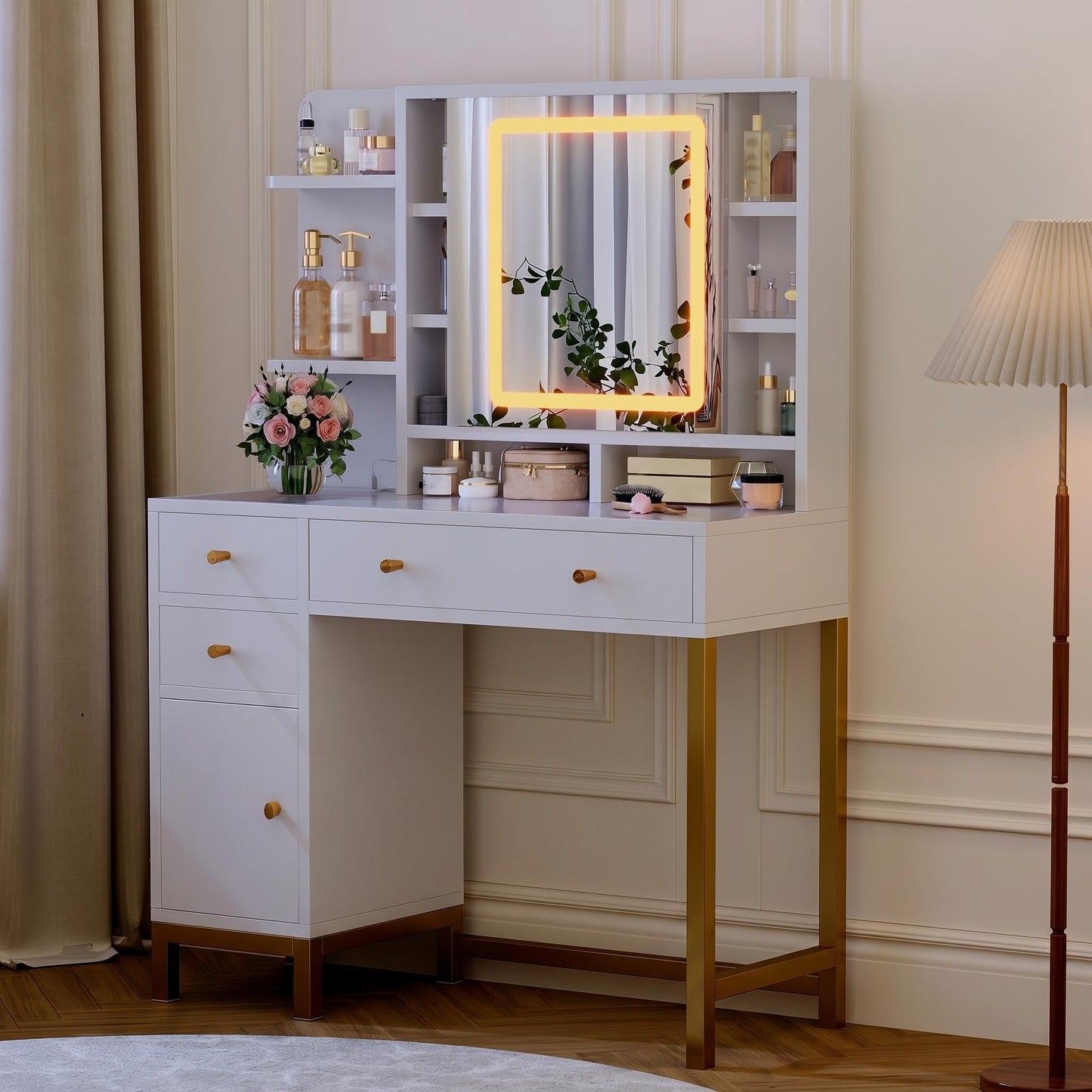 BouPower White Makeup Vanity Desk with Adjustable LED Light Mirror, Dressing Table with Power Charging Station, 3 Lighting Colors, Modern Bedroom Vanity Table
