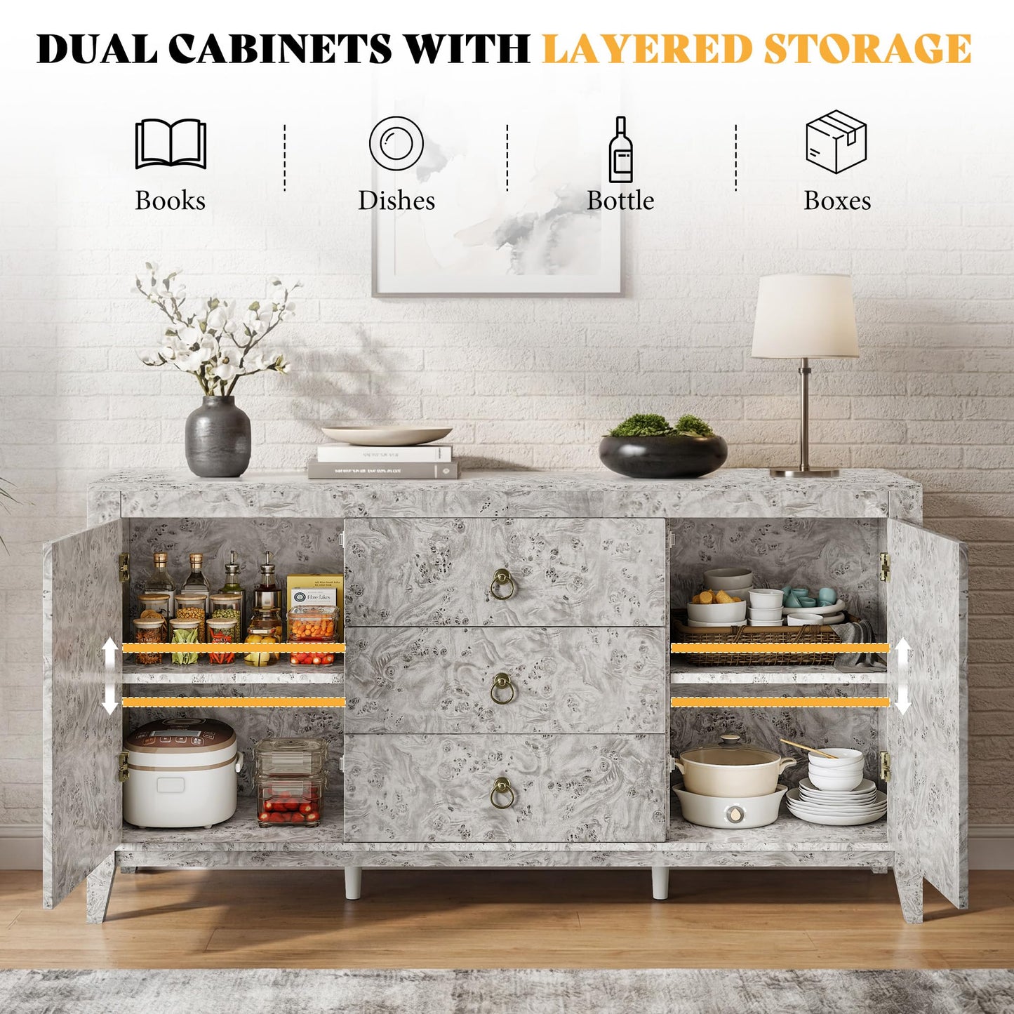 AMERLIFE 60" High Gloss Burl Buffet Sideboard Storage Cabinet, Large Wood Sideboard with Drawers, Retro Handles, Heavy Duty Coffee Wine Bar Buffet Table for Dining Room, Living Room, Grey
