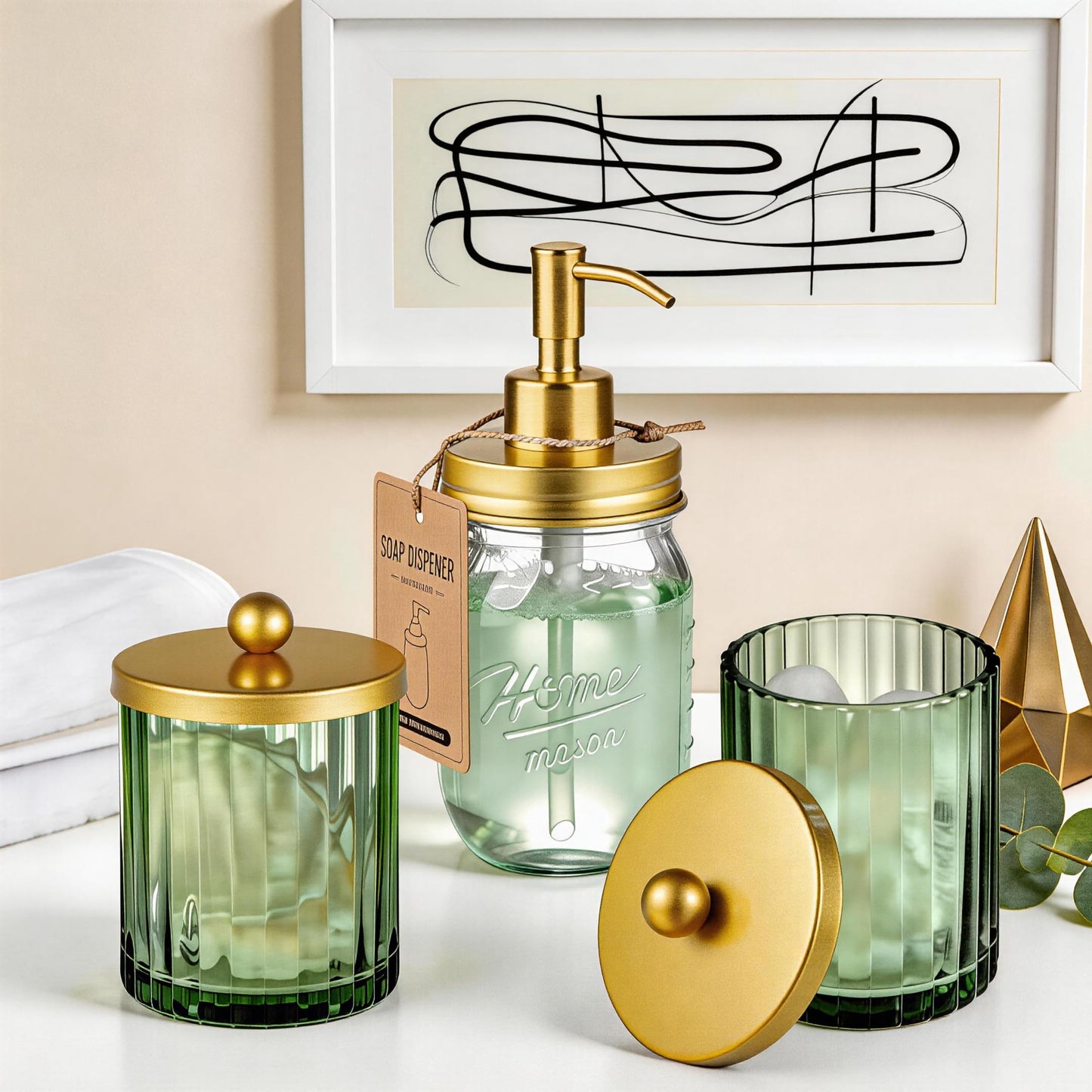 Amolliar Sage Green Glass Qtip Holder Dispenser, Bathroom Canister Apothecary Jar for Cotton Swabs, Cotton Balls, Round Pads, Floss Picks, Countertop Storage Organizer Container for Vanity,Gold 2 Pack