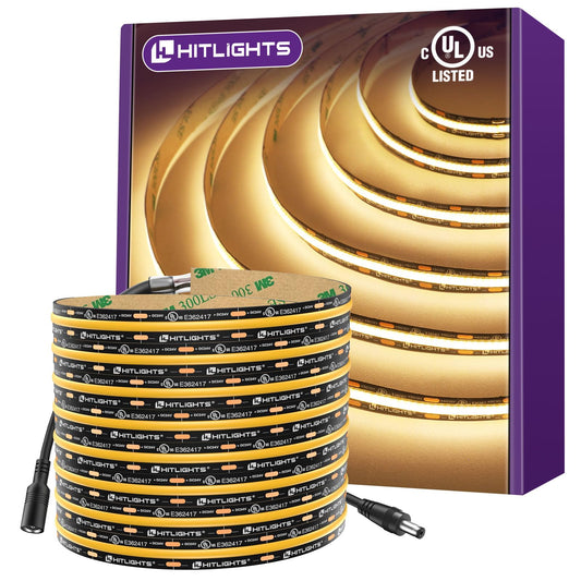 HitLights COB LED Strip Lights Warm White 3000K, 16.4ft Premium 12V Tape Light High Density, 2400 LEDs, 305+ LM/FT, CRI 90+, IP30, Lighting for Kitchen, Cabinets, UL Listed (Power Source Not Included)
