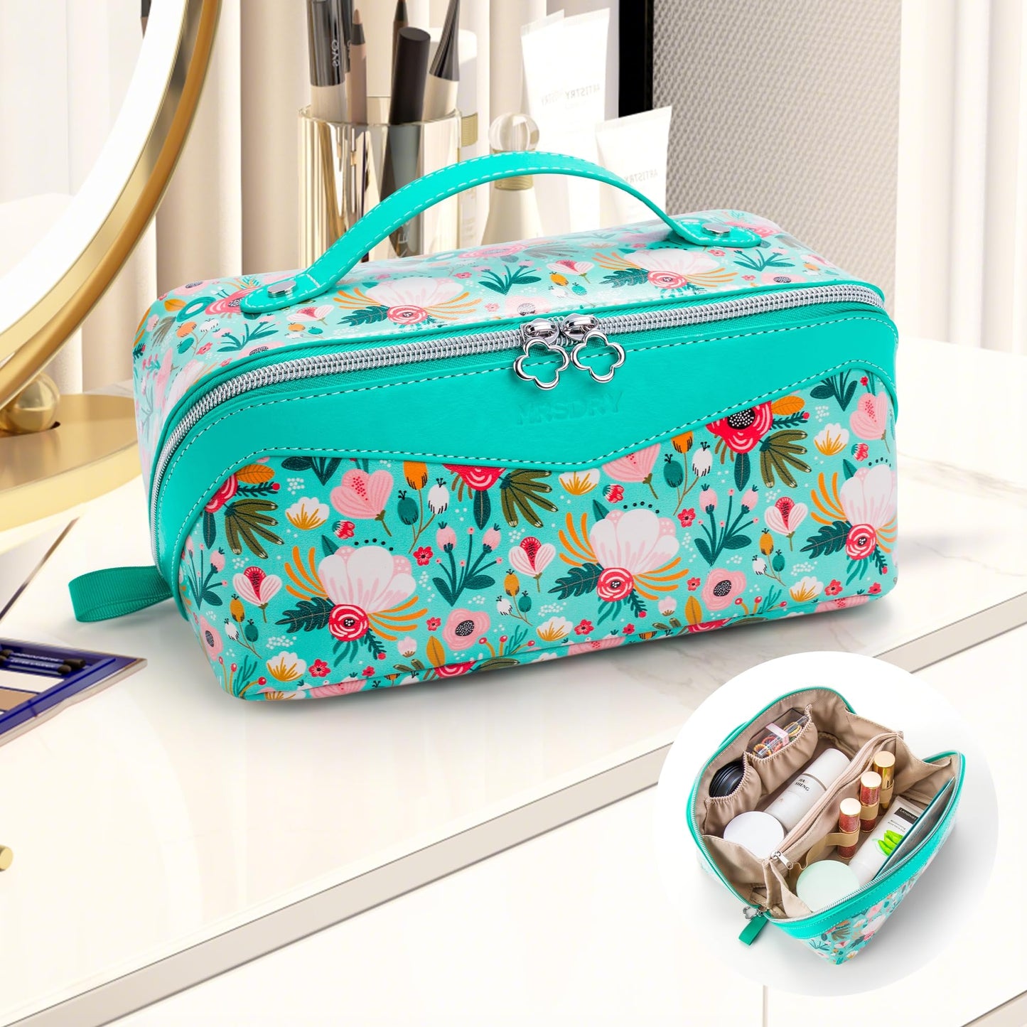 Mrsdry Travel Makeup Bag，Large-capacity waterproof cosmetic bag，Travel bags and toiletries bags for women，PU leather material，Multi-zone and large opening design (Floret)