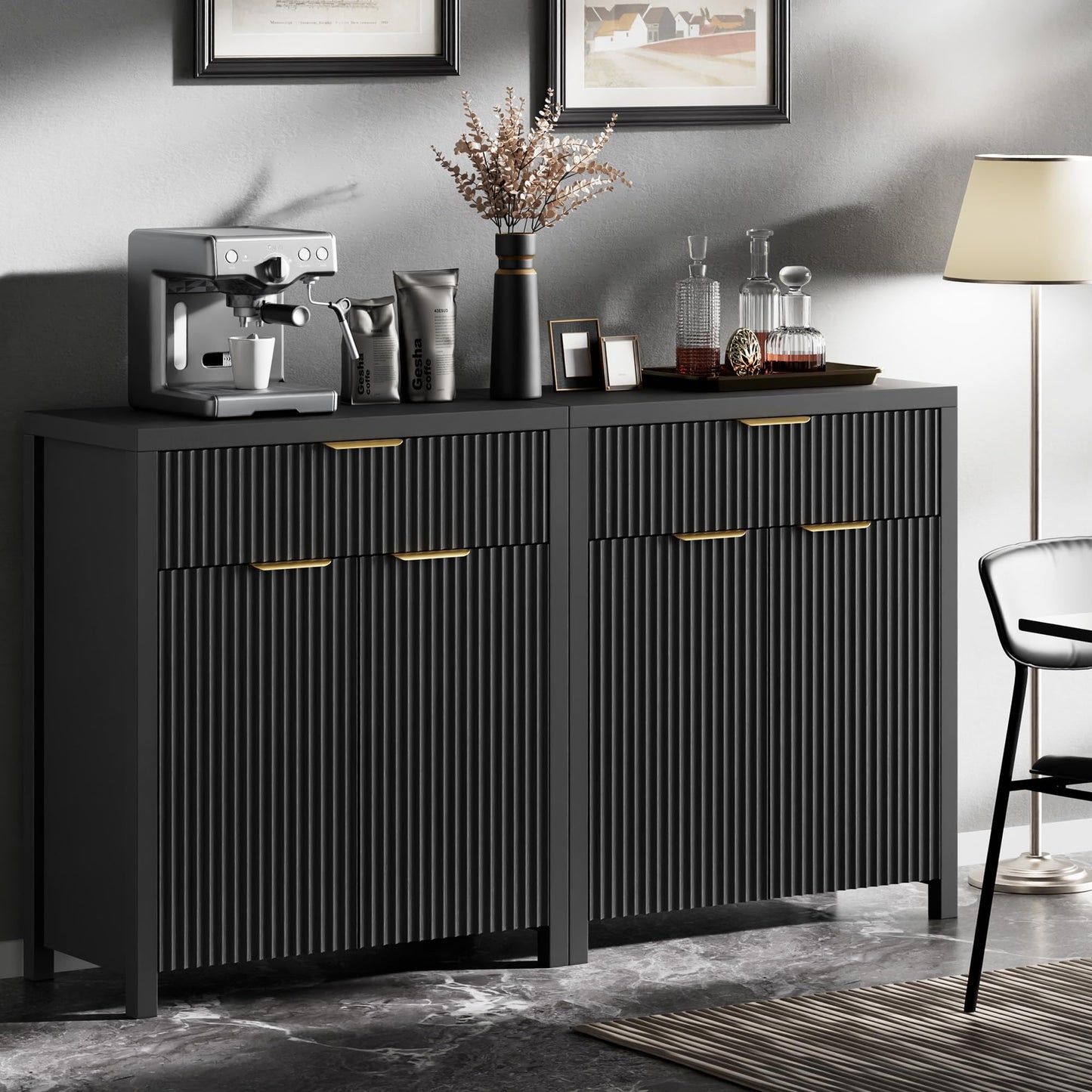 Lulive Fluted Buffet Cabinet for Kitchen, 28.3" Sideboard Cabinet Black