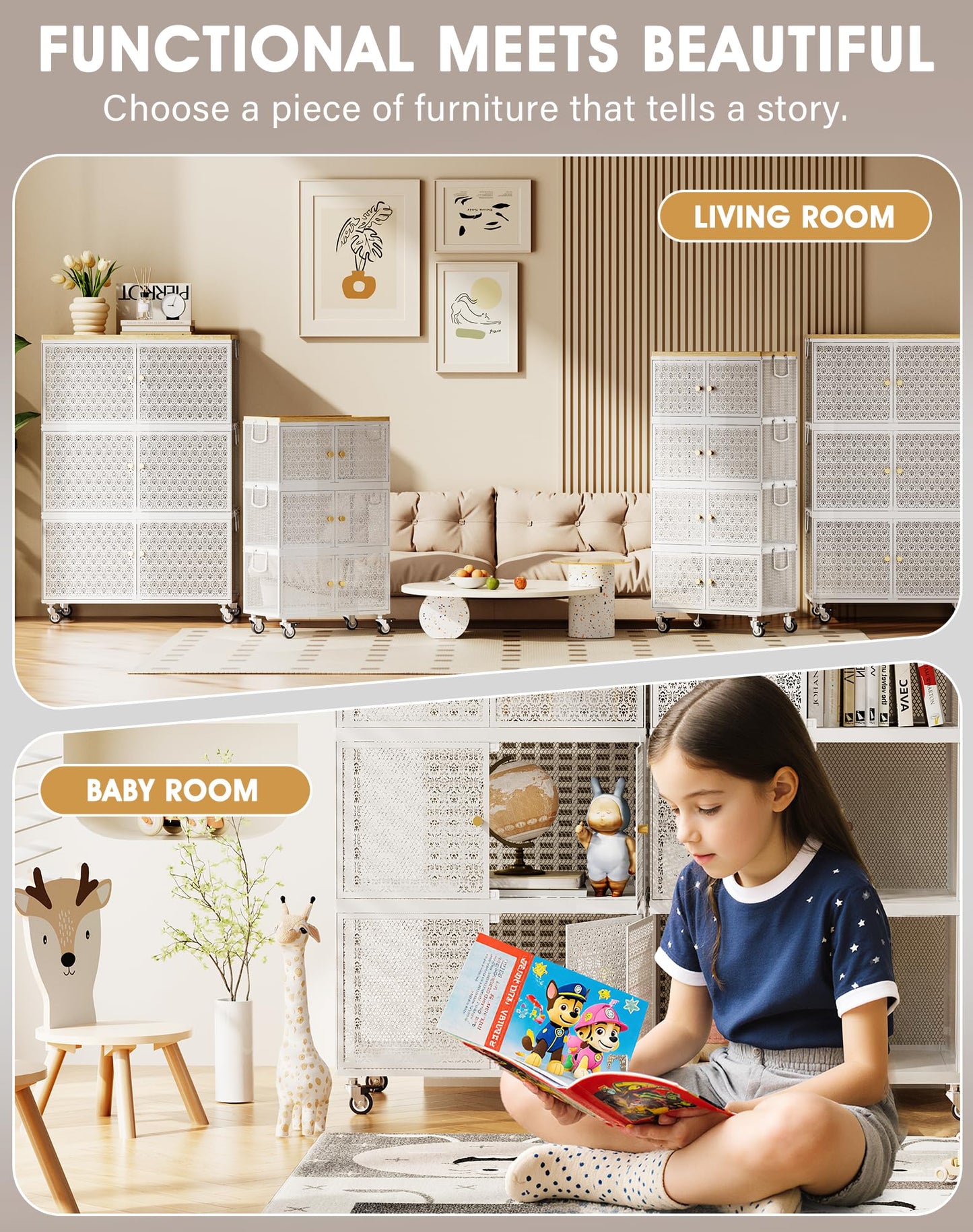 3 Tier Metal Storage bins with wheels, Storage Bins with Magnetic Doors, Storage Cart for Living Room