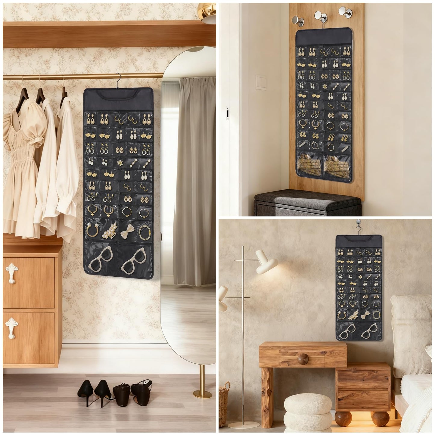 FOREGOER Hanging Jewelry Organizer Storage Roll 88 Zippered Pockets,Dustproof Foldable for Travel,Double-Sided Accessories Organizer Holder for Earring Necklace Ring on Closet Wall Door(Black,1 Pack)