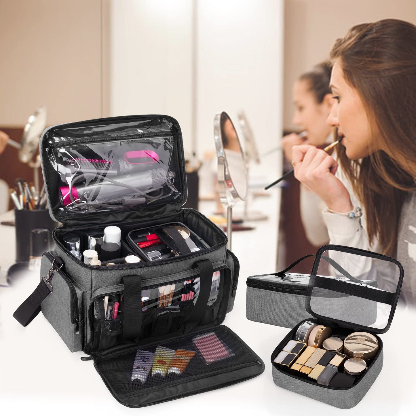 BAFASO Large Makeup Bag with 2 Removable Pouches and Detachable Dividers, Multifunctional Toiletry Bag Cosmetic Bag to Keep Makeup and Hair Supplies (Patent Pending), Gray