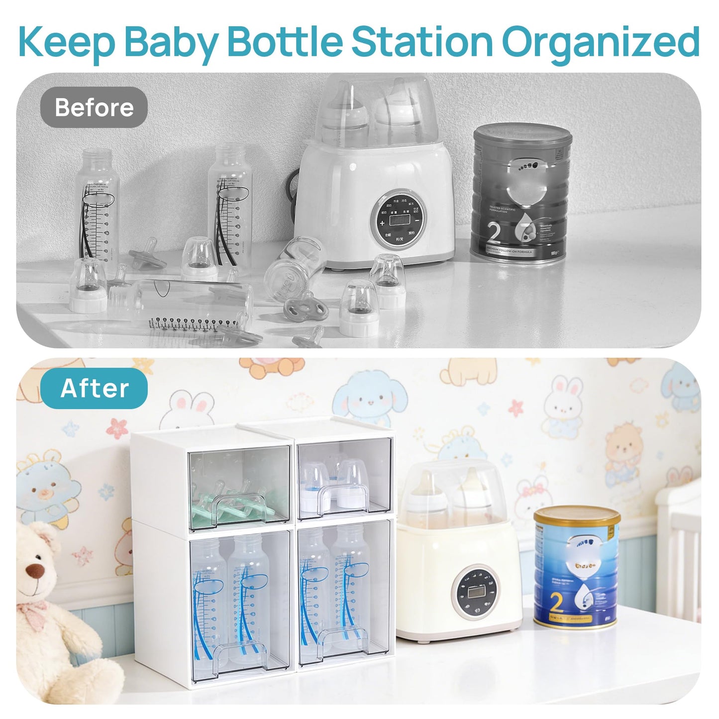 Vtopmart 2 Pack Stackable Storage Drawers, Plastic Organizers Bins for Baby Bottles, Skincare, Beauty Supplies, Ideal for Vanity, Bathroom, Kitchen Countertop, Cabinet Orga