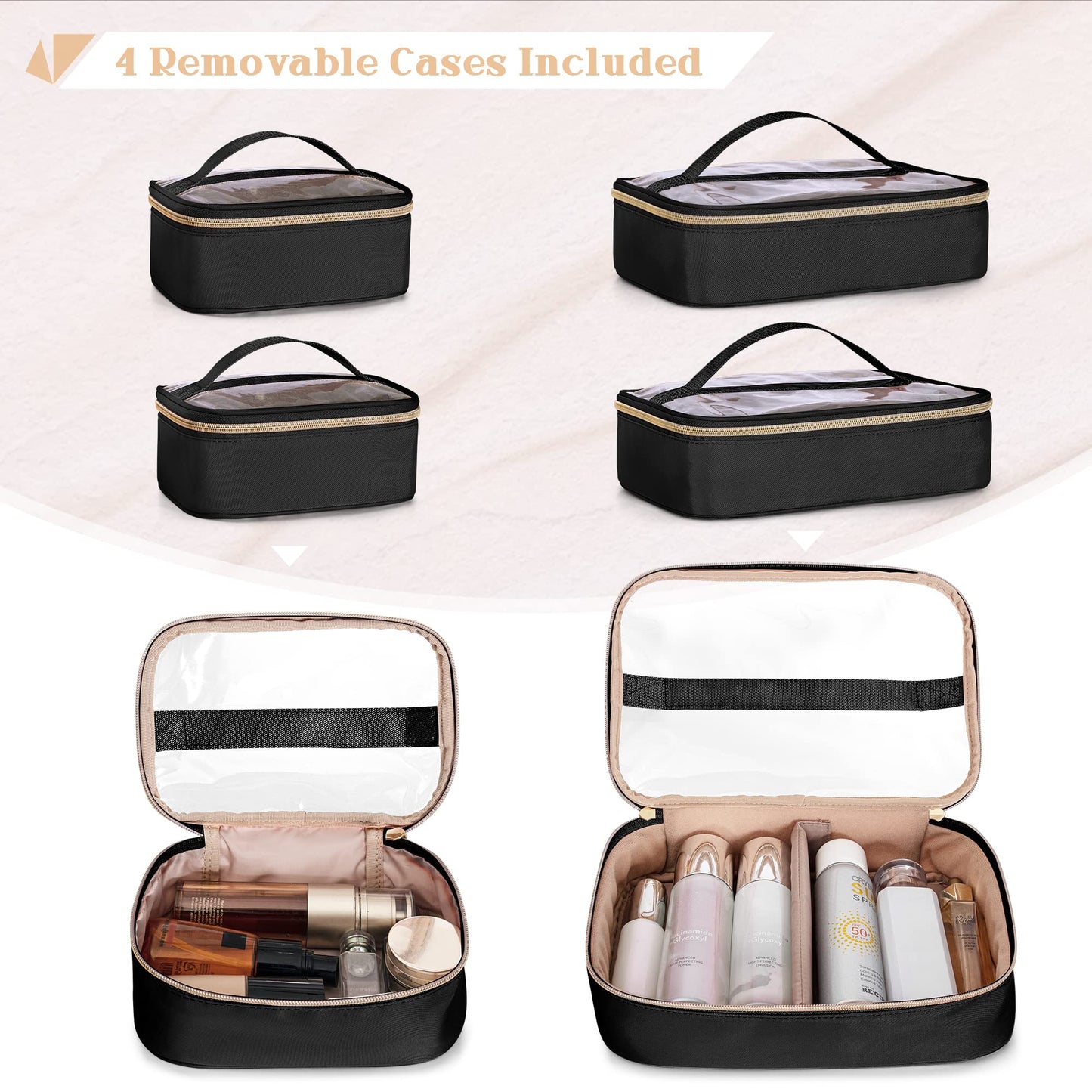 Prokva Professional Makeup Artist Travel Case with 4 Detachable Cosmetic Bags, Large Make up Organizer Bag with Makeup Kit Storage Section and Hair Tools Pocket, Black (Empty Bag Only)
