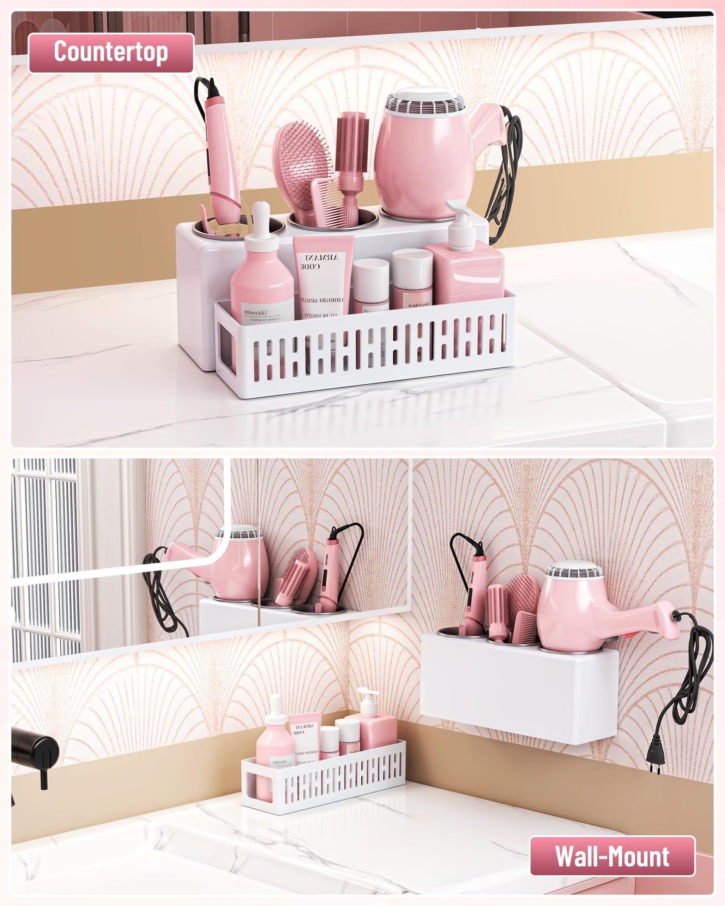 LATTYSY Hair Tool Organizer, Detachable Hair Dryer Holder with 3 Stainless Steel Cups, Wall Mounted Bathroom Organizers and Storage for Accessories, Curling Irons, Straighteners, Toiletries, Makeup