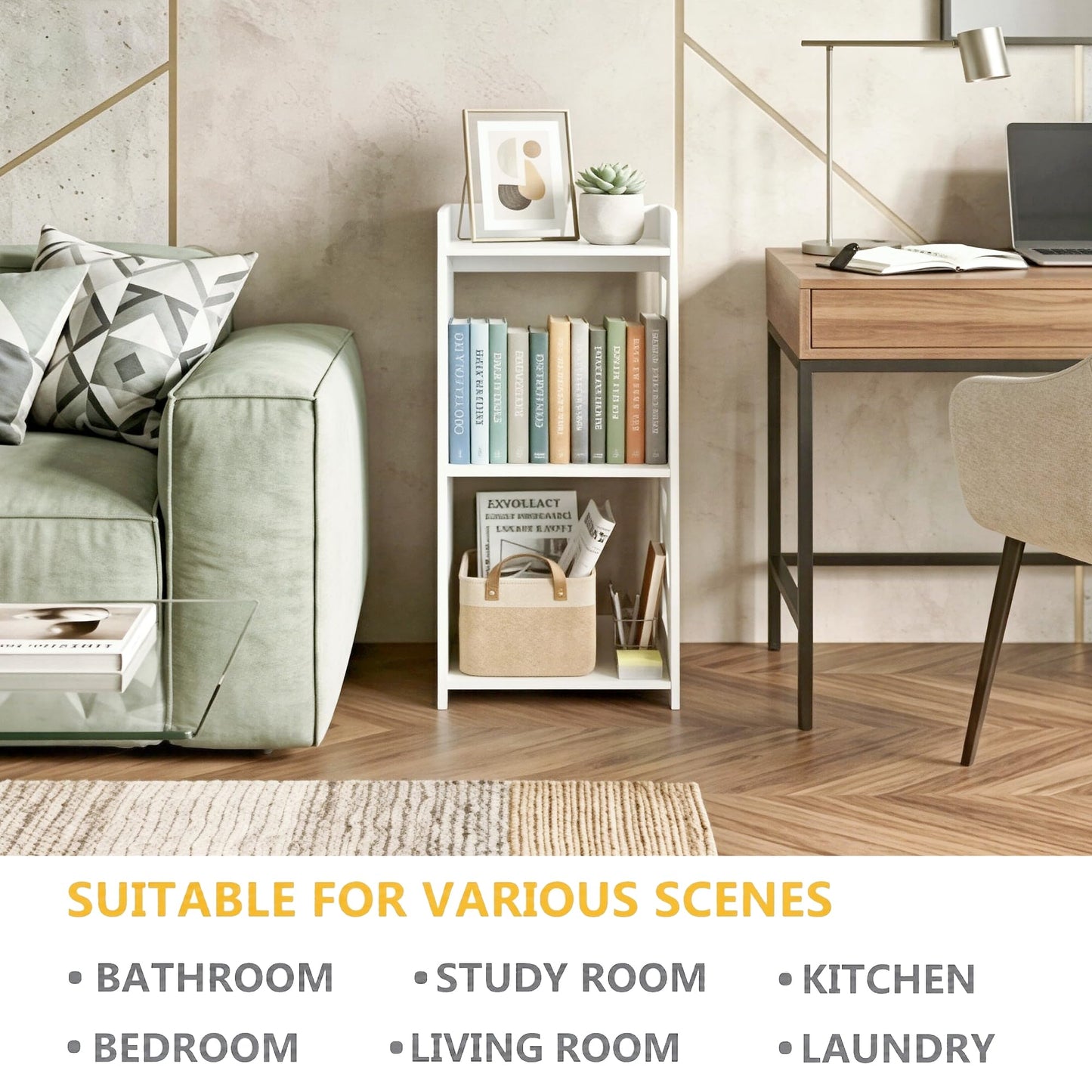 FONHAYE Small Bathroom Storage Corner Shelf, Waterproof PVC Narrow Floor Stand, Slim Gap Filler Organizer for Toilet Side, Laundry Room, Shower, Kitchen Spice Rack, White Restroom Holder (3-Tier)