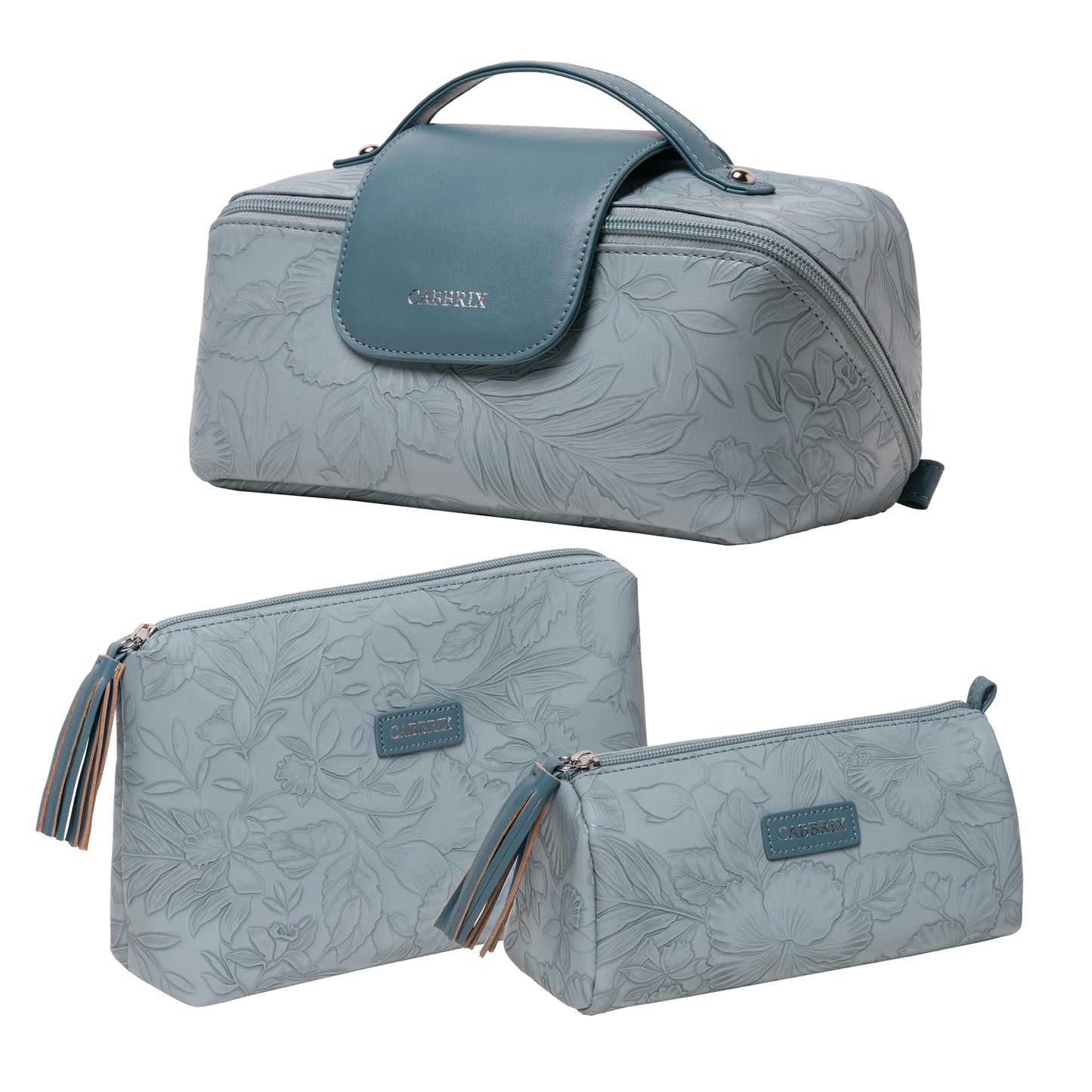 Cabbrix Travel Makeup Bag, 3 Pcs Set Large Capacity Cosmetic Bag for Women, Waterproof PU Leather, Flat Open Portable Toiletry Bag for Skincare, Brushes & Travel Essentials (Blue)