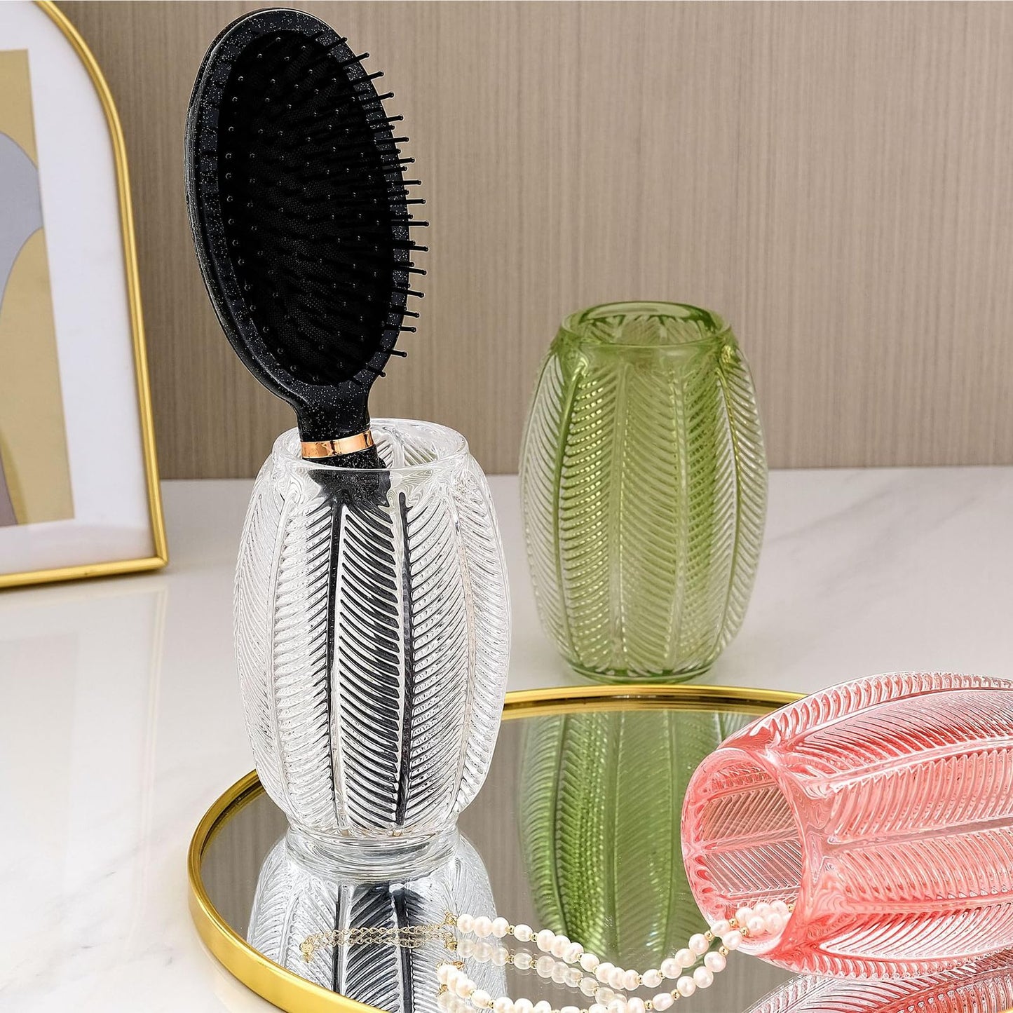 Gaolinci Leaf Stripes Clear Tumbler Cup Makeup Brush Toothbrush Holder for Bathroom, Vanity, Countertop, Desk and Bedside Table