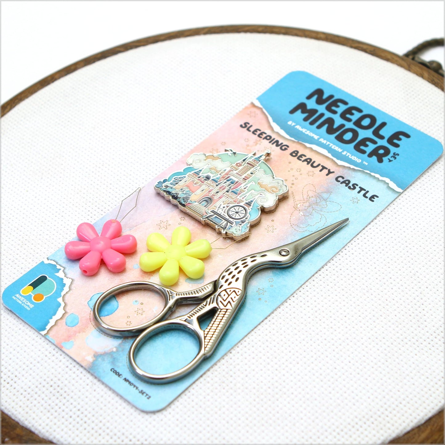 Awesome Pattern Studio Sleeping Beauty Castle Magnetic Needle Minder + 2 Needle Threaders + Crane Scissors. Enamel Pin for Cross Stitch, Embroidery and Craft