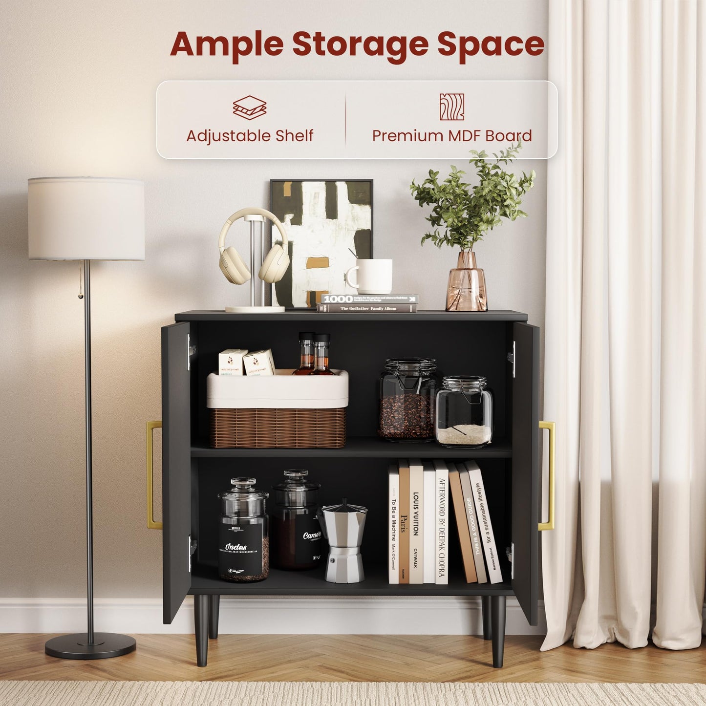 Fkhouse Black Buffet Cabinet, Free Standing Sideboard with Storage, Wood Accent Cabinet with Doors,Modern Credenza, Sideboard Storage Cabinet for Living Room, Dining Room(1, Black & Gold)