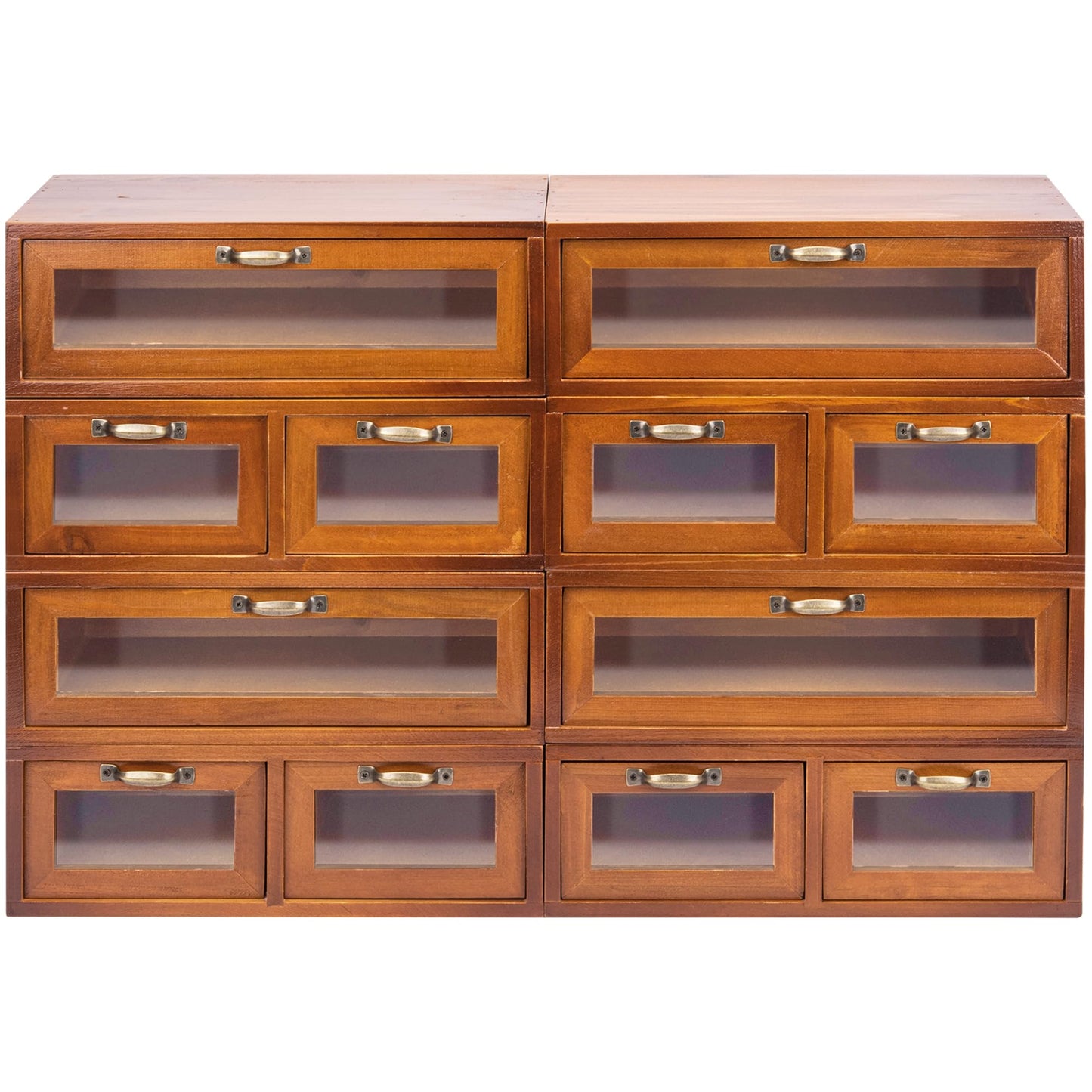 Modular Stackable Fully Assembled Set of 4 Storage Drawers - 12 Drawer See-Through Display Cabinets - 4-Level Desktop Organizer - Wood Box w/Metal Handle Collectible Card Bedazzling Decluttering