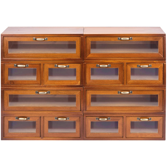 Modular Stackable Fully Assembled Set of 4 Storage Drawers - 12 Drawer See-Through Display Cabinets - 4-Level Desktop Organizer - Wood Box w/Metal Handle Collectible Card Bedazzling Decluttering