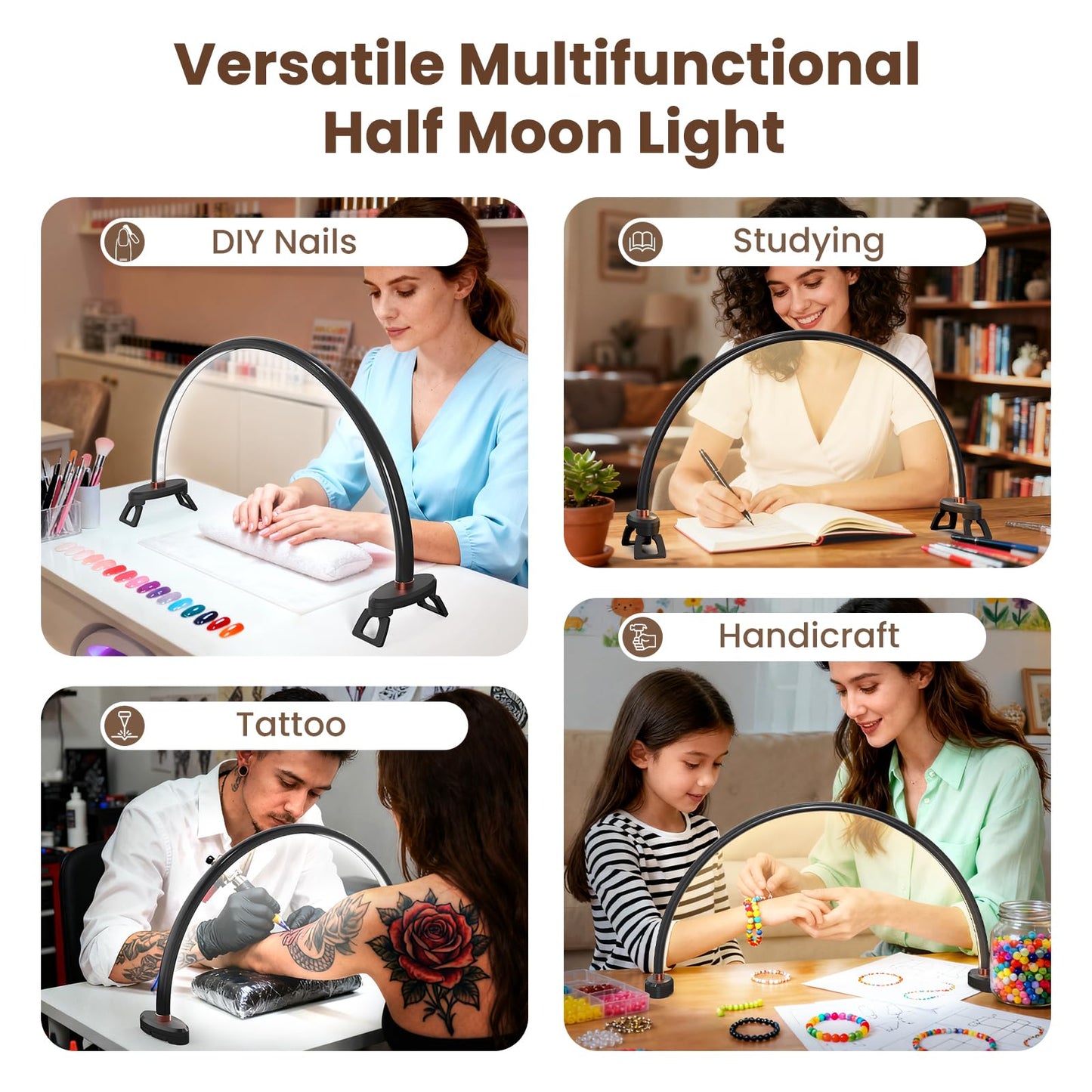 Yokilly Arc Half Moon Light: 20" Half Moon Light with Foldable Bracket for Desk Salon Table Use - No Flicker & Shadow-Free Desk Lamp with Stepless Brightness 3000-6500K for Manicurist Nail Tech