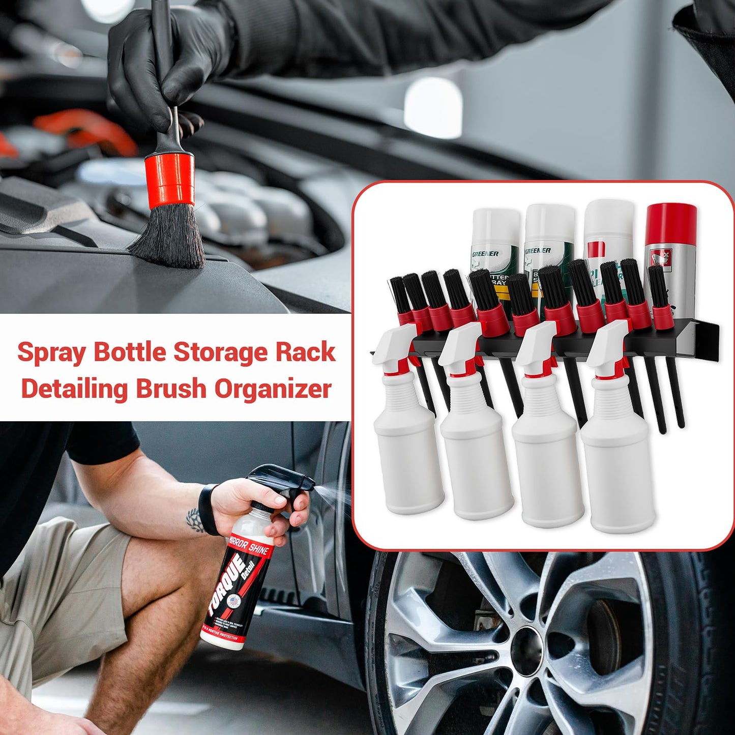 Car Cleaning Brush and Spray Bottle Storage Rack, Wall Mount Bottle Organizer Detailing Brush Organizer Holder，Car Beauty Shop Accessory Display，Spray Containers Tool for Auto Repair Shops Garages