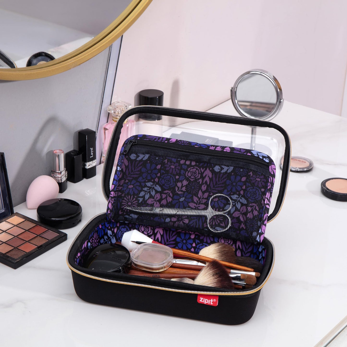 ZIPIT: Travel Makeup Bag - Black & Purple Flowers - Protective Hard Shell, Large Cosmetic Case, Transparent Zipper Lid, Handle, Toiletry Organizer