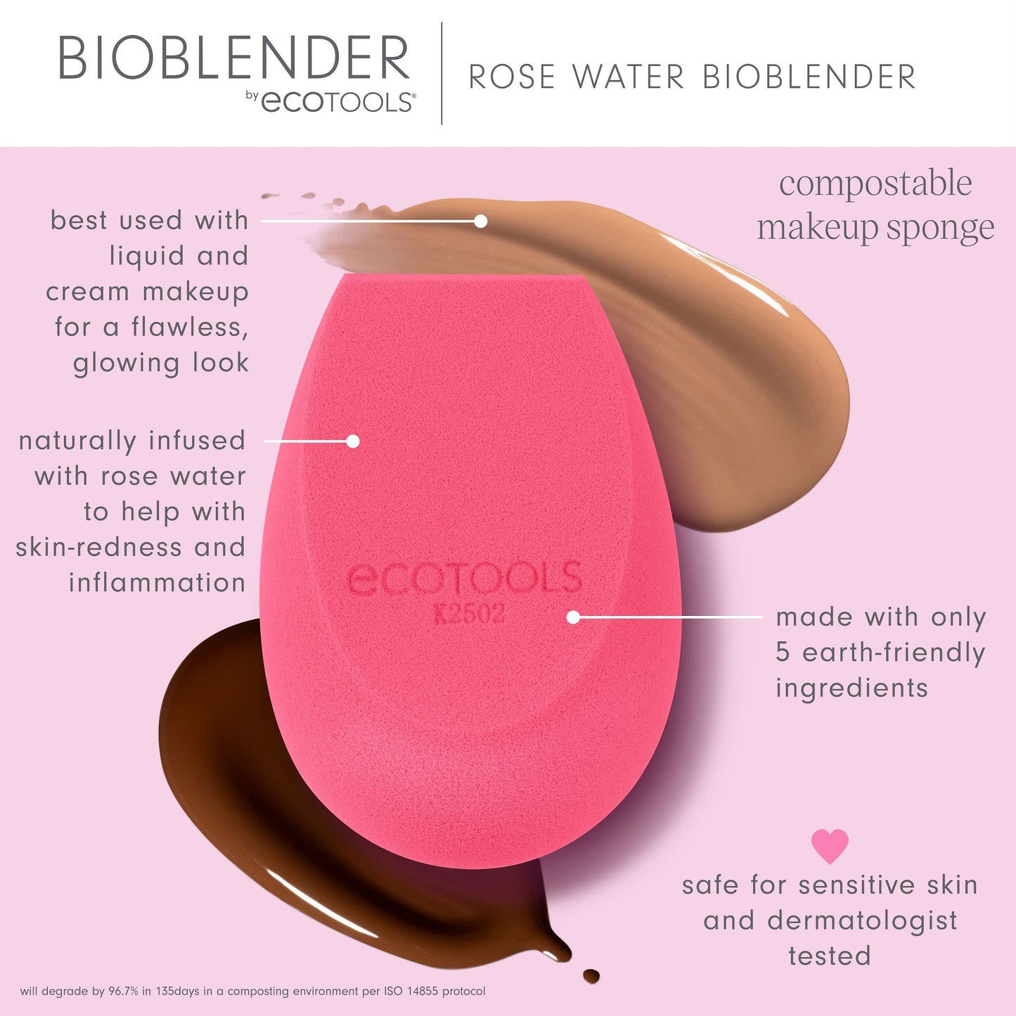 EcoTools Rose Water Bioblender, Compostable Makeup Blending Sponge, For Liquid & Cream Foundation, Base Coverage, Anti-inflammatory Ingredients, Pink, Cruelty Free & Vegan, 1 Count