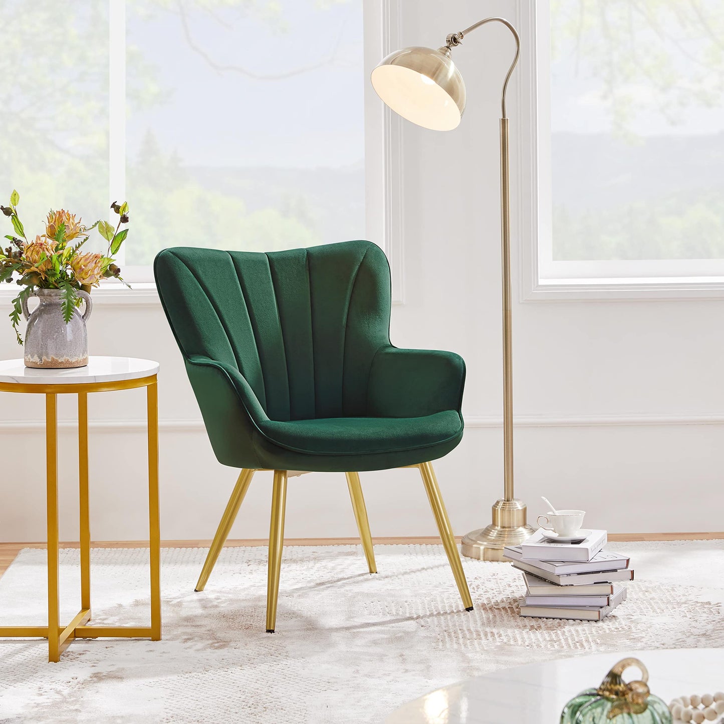 Yaheetech Velvet Accent Chair, Modern Armchair Vanity Chair with Wing Side and Metal Legs, Cozy and Soft Padded and High Back for Living Room/Makeup/Office/Bedroom, Green