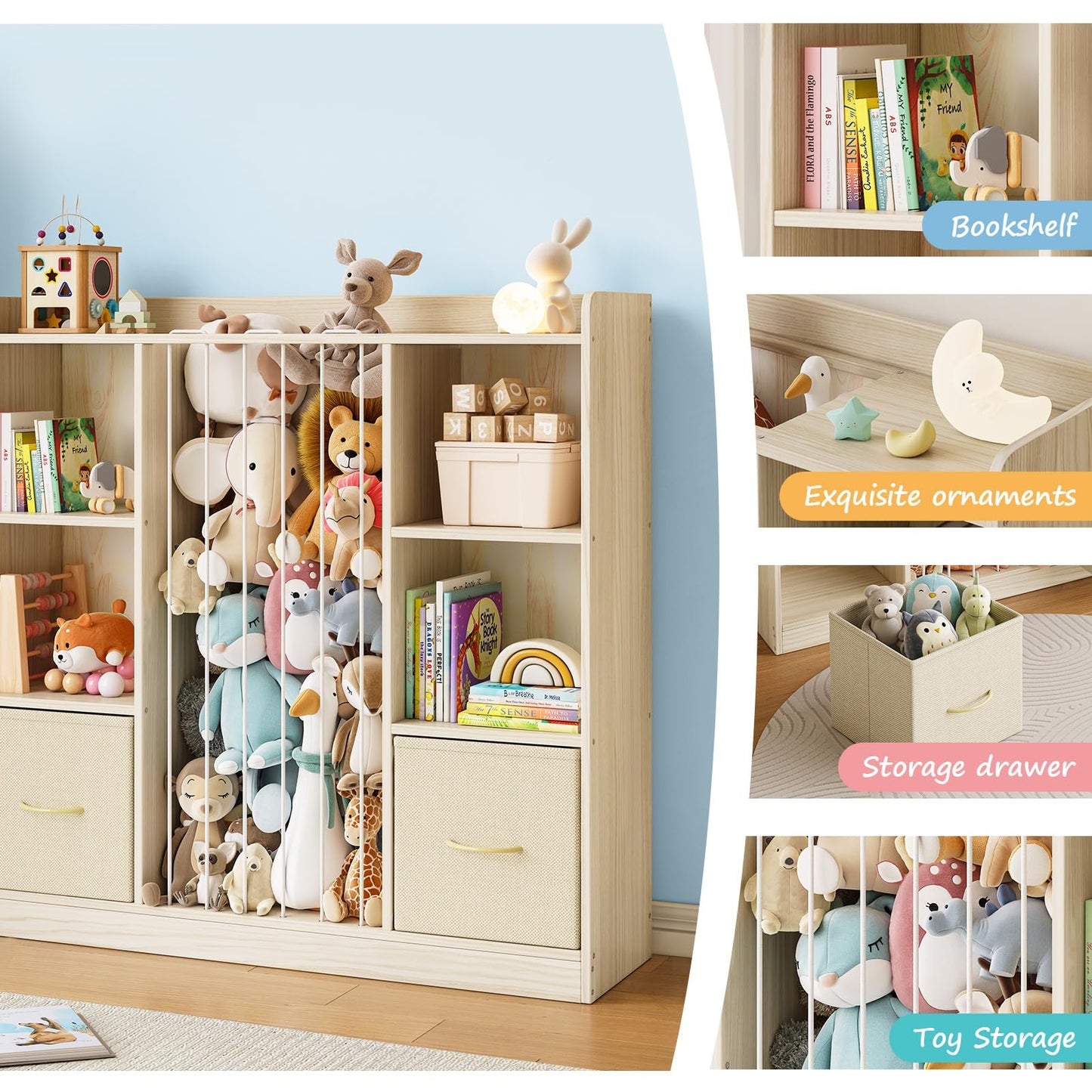 EXPERLAM 4-in-1 Toy Storage Organizer with Stuffed Animal Storage, Solid Pine Kids Bookshelf and Toy Shelf, 6 Cube Shelf with 2 Removable Drawers, Stuffed Animal Zoo for Kids Room, Playroom, Nursery