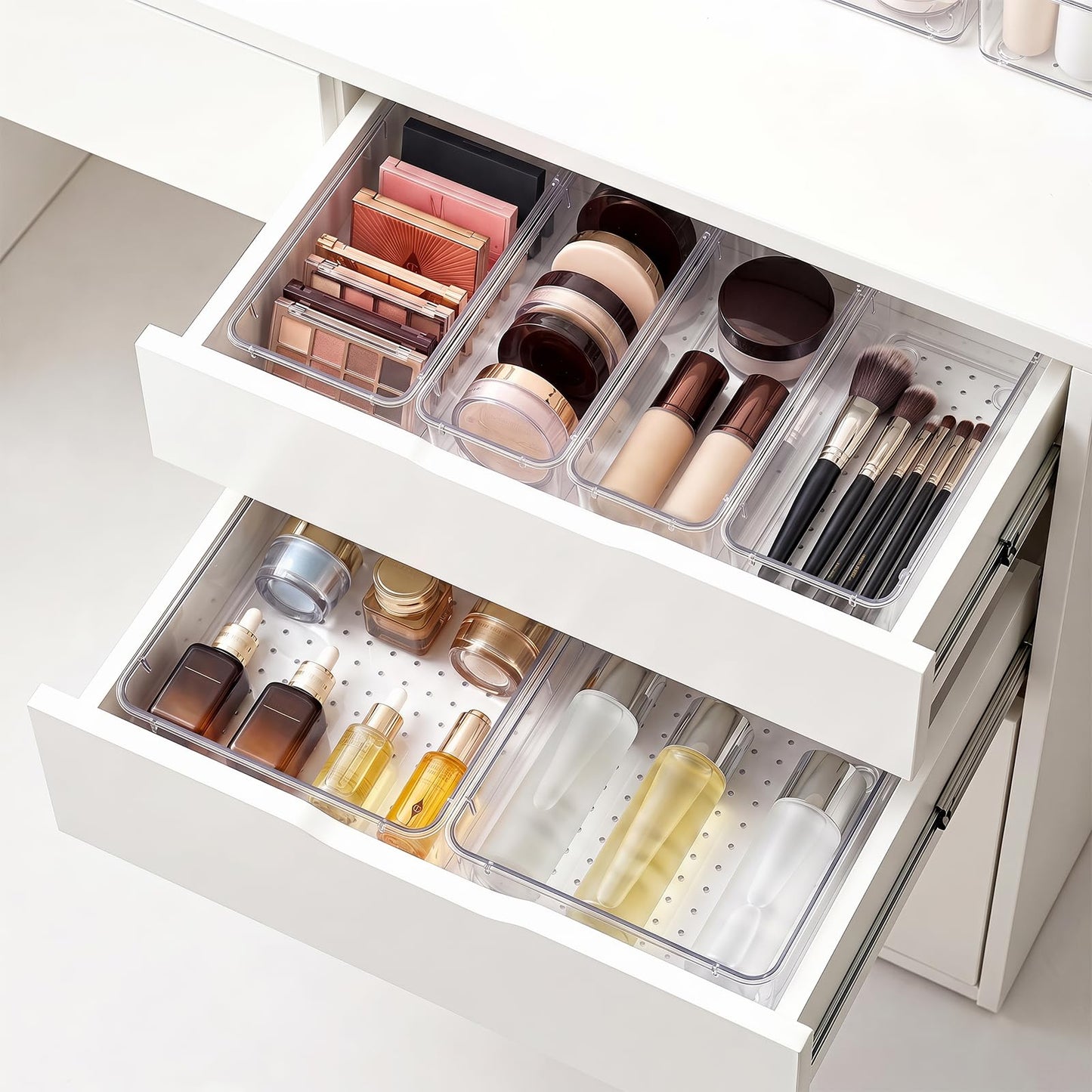 Asnews 25 Pcs Makeup Drawer Organizer Set, 4 Sizes Versatile Bathroom and Vanity Drawer Organizer for Makeup, Non-Slip Desk Organizer Trays for Bedroom, Office, Fits Jewelry and Office Supplies