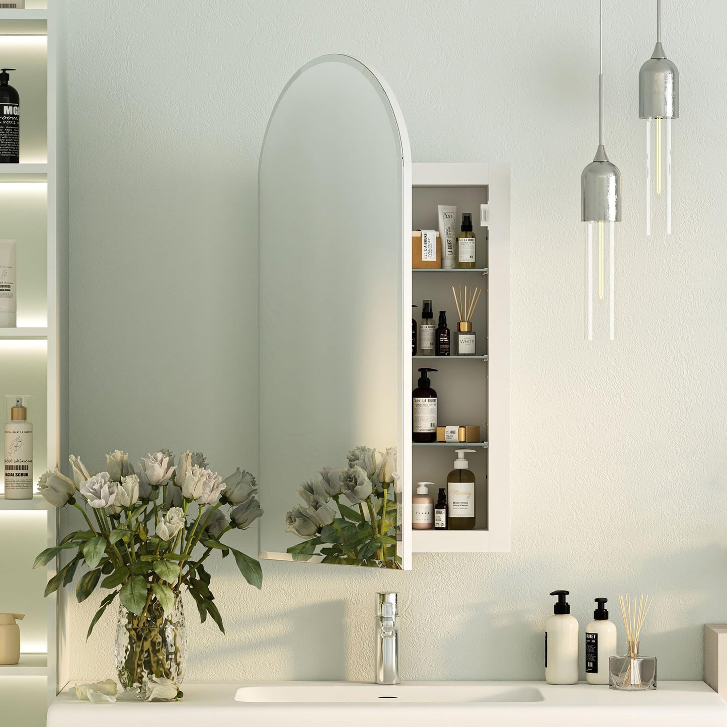 Mepplzian Beveled Edge Arched Recessed Medicine Cabinet with Mirror,Frameless Arched Mirror Medicine Cabinet for Bathroom,Mirrored Cabinets for Bathroom Wall Cabinet with 3 Glass Shelves,16x31