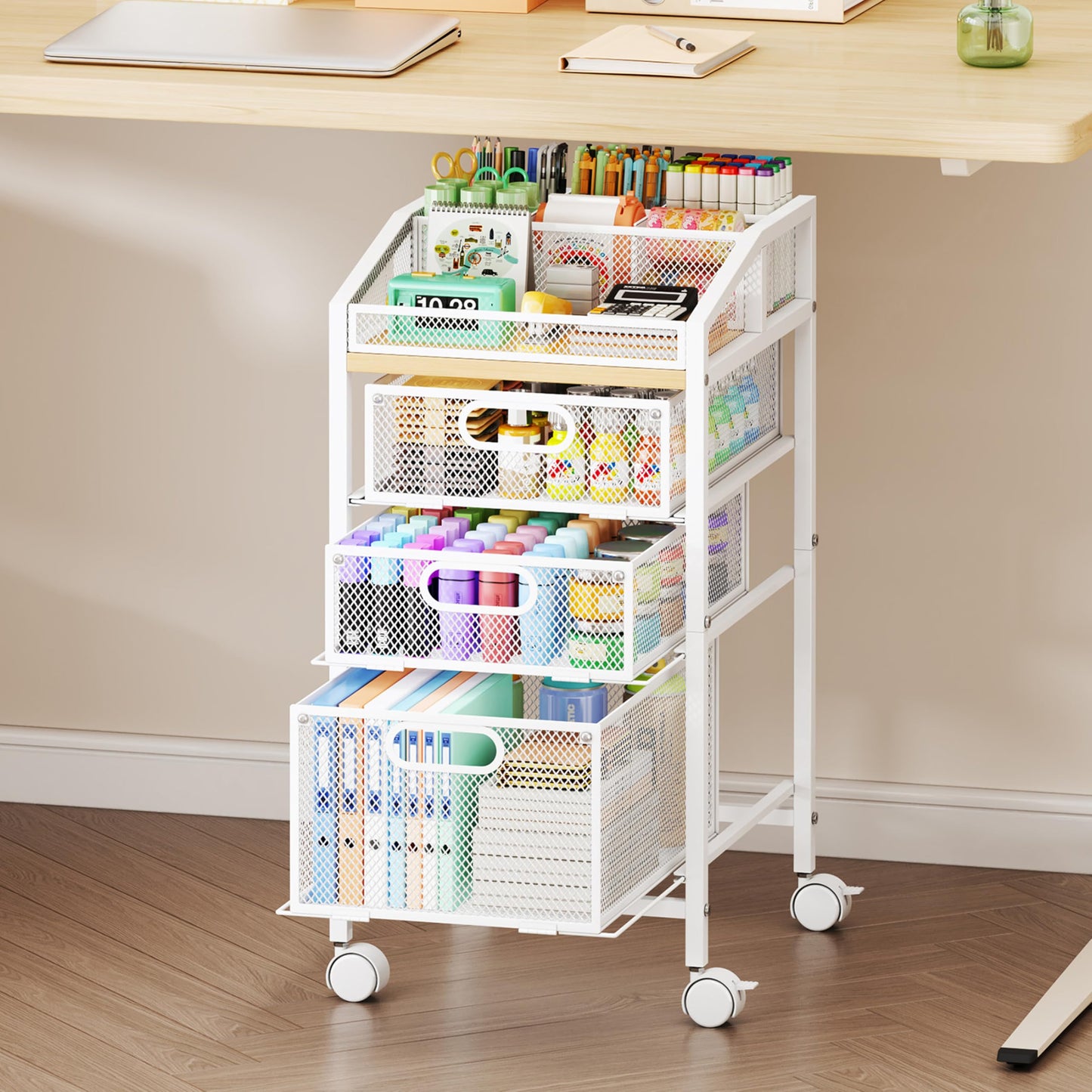 SWTYMIKI Rolling Utility Cart with Drawers - Under Desk Storage Cart with DIY Divider & Lockable Wheels, Multi-Functional Craft Art Supply Organizer for Office, Vanity, Craft Room & Studio White