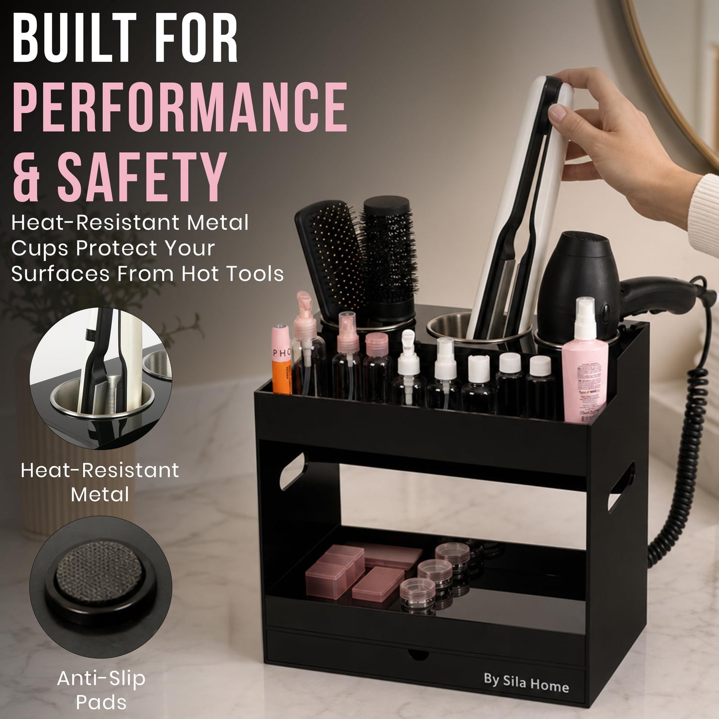 Hair Tool Organizer Countertop Extra Wide Bay | Bathroom & Hot Tools Organizer For Hair | Hairdryer Holder For Bathroom Vanity | Hot Tools Storage for Curling Iron Straightener, 3 Stainless Cups Black