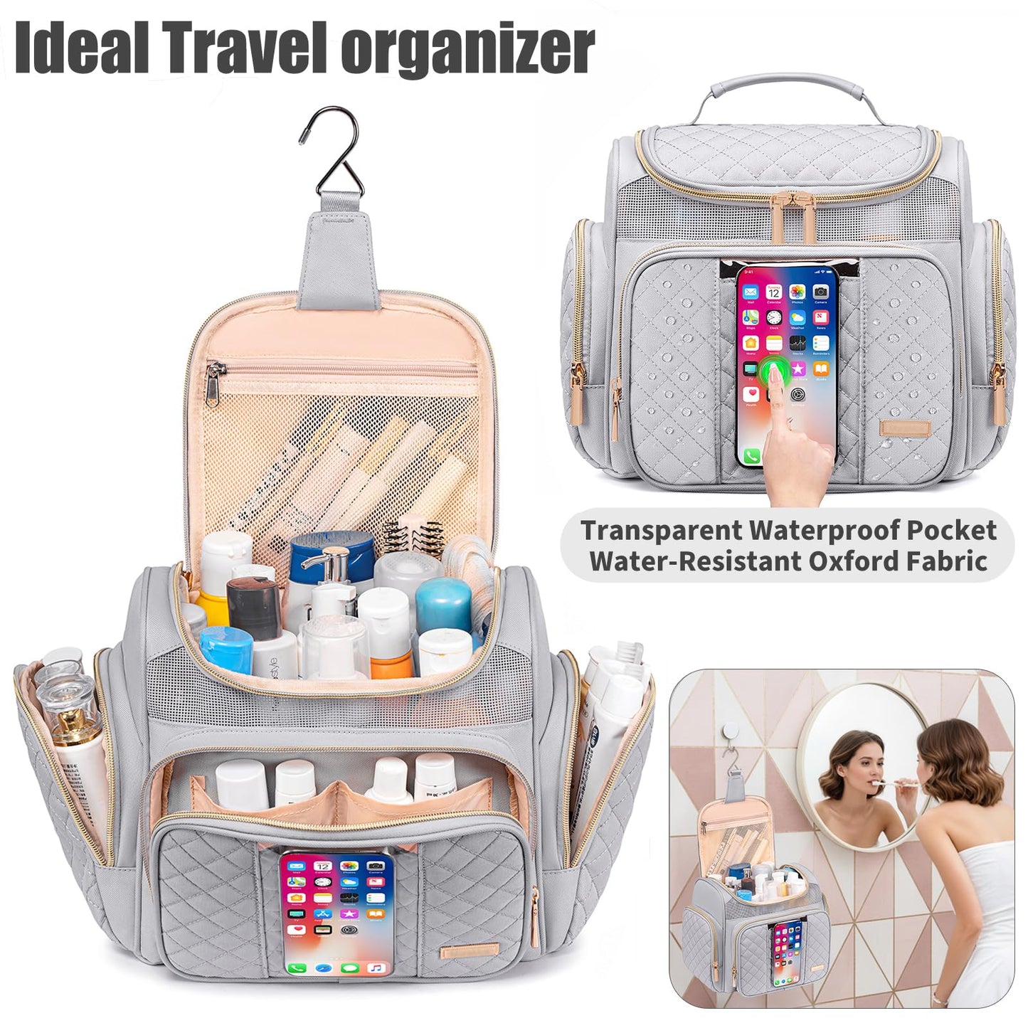 Large Toiletry Bag for Women Men,Bathroom Bag,Water Resistant Shower Bag,Makeup Bag,Toiletry Bags for Traveling,Hanging Toiletry Bag with Transparent Waterproof Phone Pocket (Light Gray)
