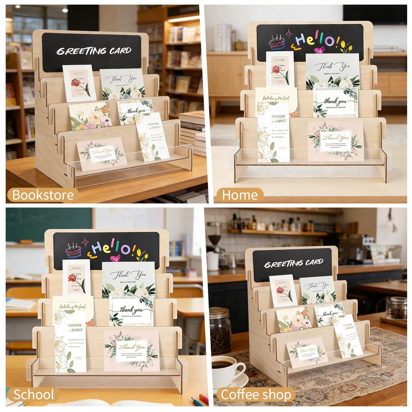 Wooden Greeting Card Display Stand - 4-Tier DIY Customizable Chalkboard Top Sticker Organizer Rack, Tool-Free Assembly Countertop Holder for Party Decor, Holiday Cards, Small Gifts & Home Decor