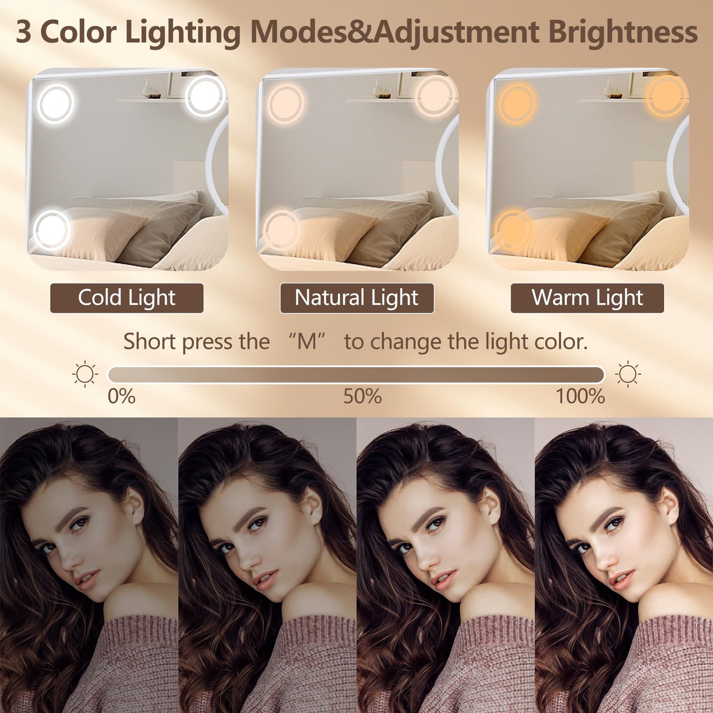 SLIMOON Lighted Makeup Mirror, Hollywood Vanity Mirror with 9 LED Bulbs, 3 Color Lights, and Detachable 10X Magnification Mirror, 1200mAh Rechargeable, Touch Control, 360°Rotation, White 14.05" * 12"