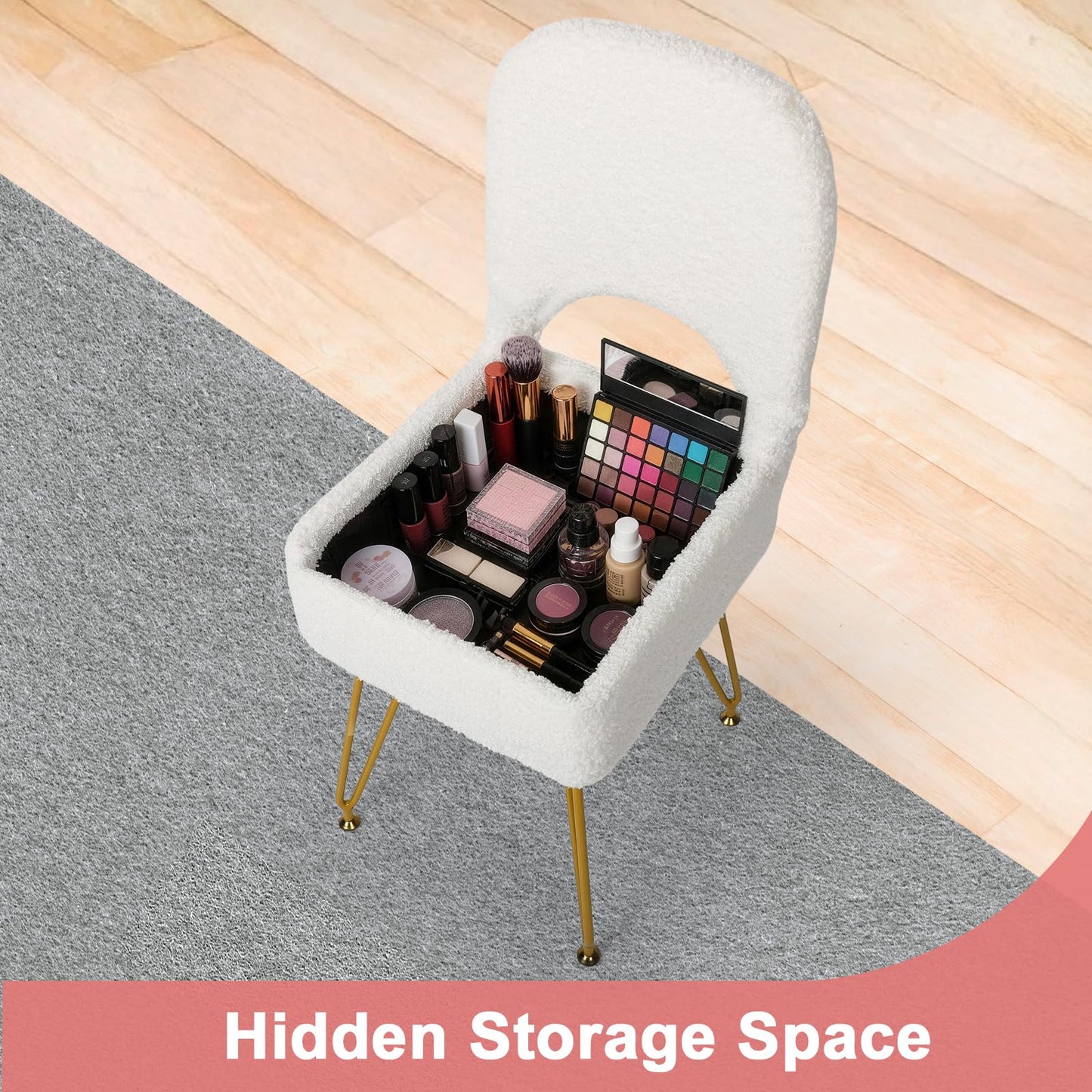mapleway Small Vanity Stool Chair with Storage and Adjustable Folding Back 12.6" x 13.8" x 29.9" Alpaca Fur Soft Ottoman 4 Metal Legs with Anti-Slip Feet Furry Padded Seat for Makeup, Bedroom, White