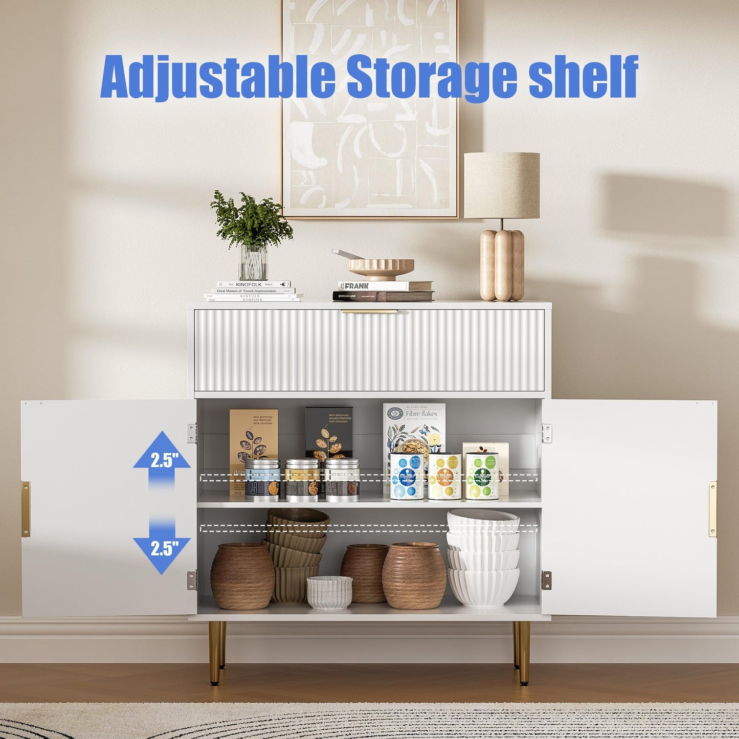 Housoul Coffee Bar Cabinet with 2 Doors & Drawer, Sideboard Buffet with Adjustable Shelves, Accent Liquor Cabinet with Storage, Console Table for Living Dining Room, White