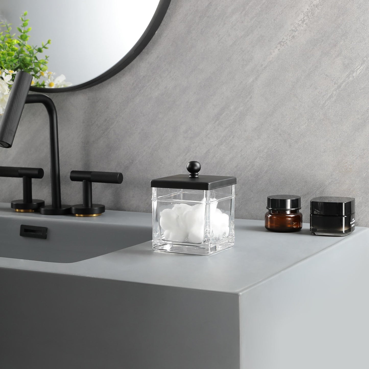 Indecor Home Clear Transparent Hotel Style Apothecary Tempered Glass Canister Jar W/ Matte Black Metal Lid Cover, Classic Countertop Organizer for Cotton balls/pads, Floss Picks, Makeup Storage