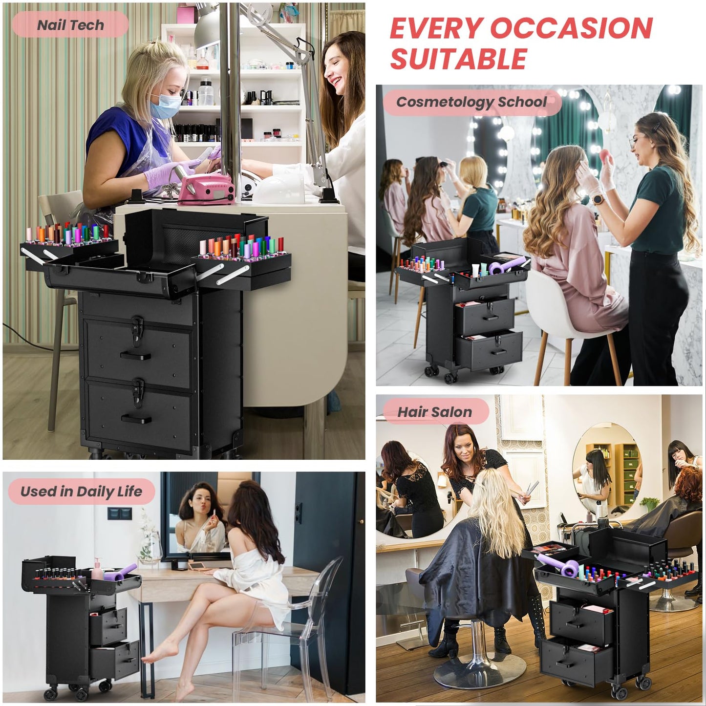 ALUROICE Large Rolling Makeup Train Case, Professional Travel Cosmetology Case on Wheels with Drawers, 3 Tiers Nail Organizers Storage Case for Nail Tech, Tattoo, Hairstylist, Makeup, Extra Large